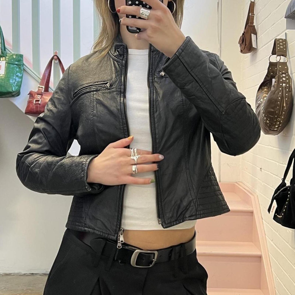 Black fitted zip up real leather vintage biker jacket with dual zip