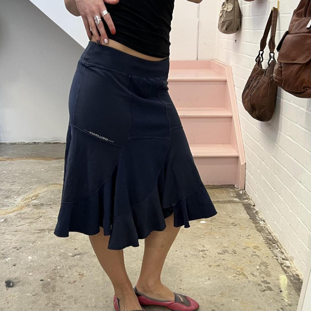 Navy patchwork low rise sporty floaty vintage midi skirt