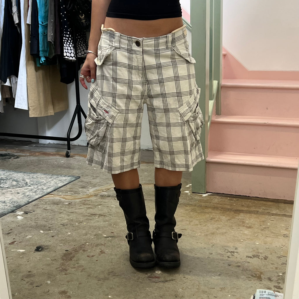 White and grey checkered baggy cargo shorts