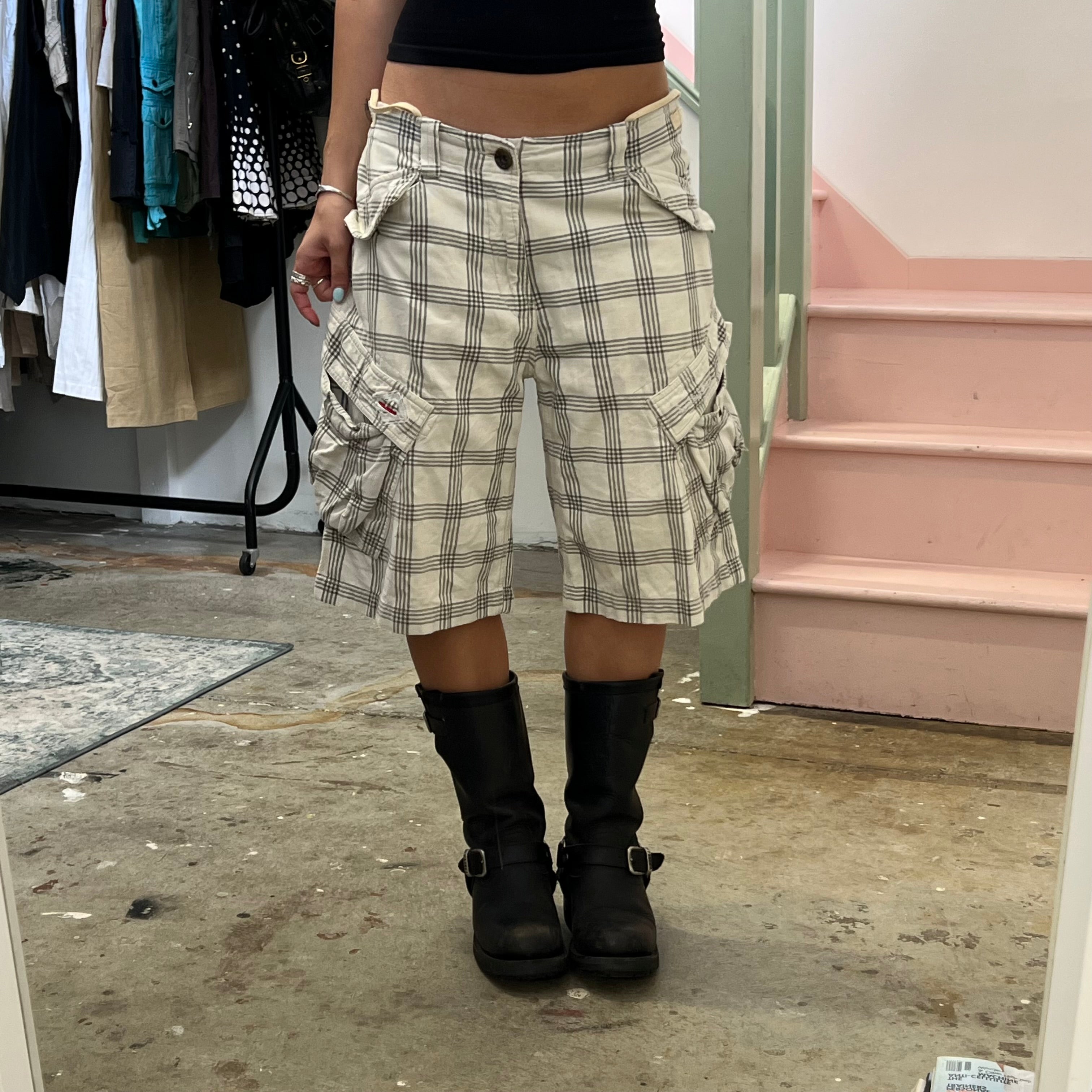 White and grey checkered baggy cargo shorts