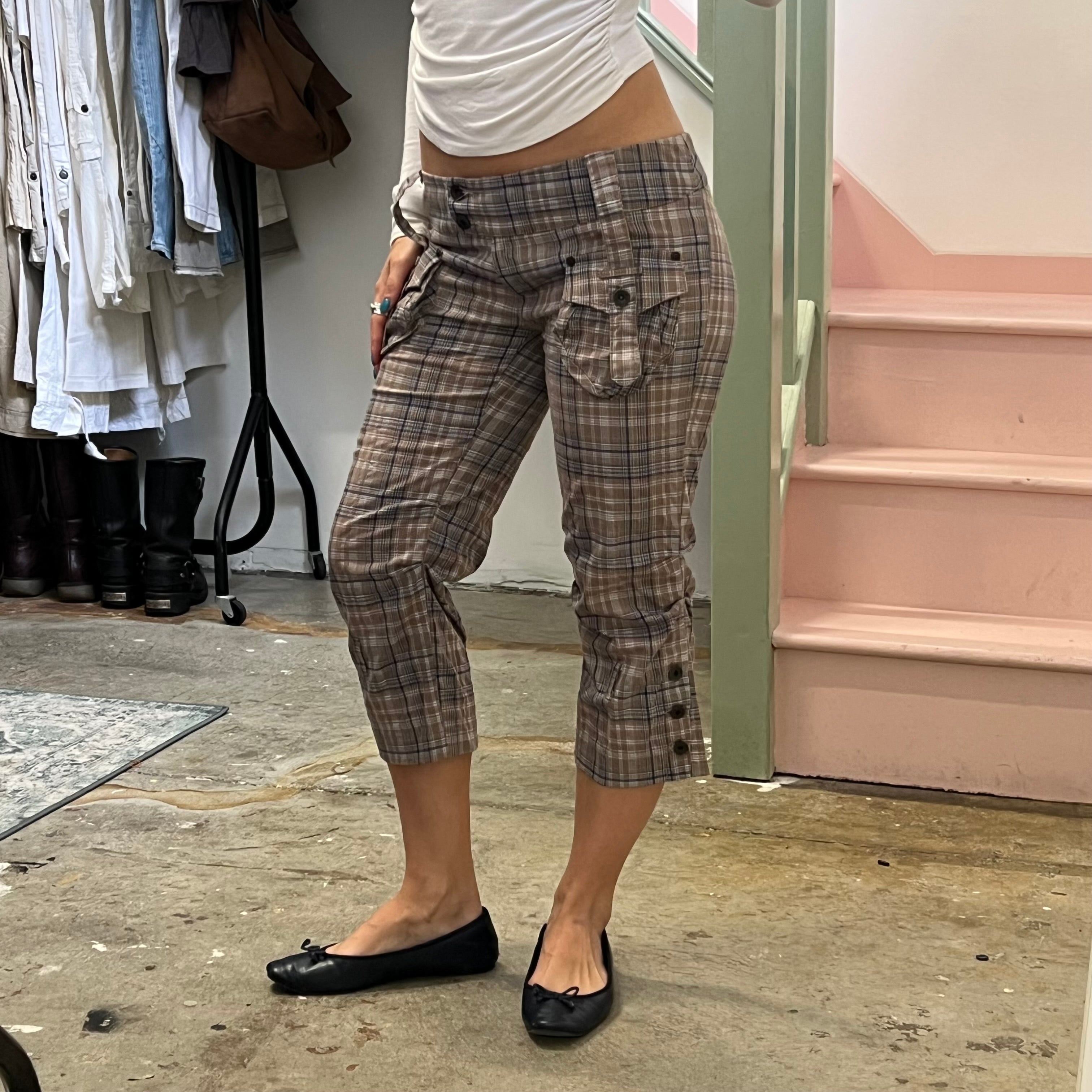 Brown checkered slim fit tailored capris