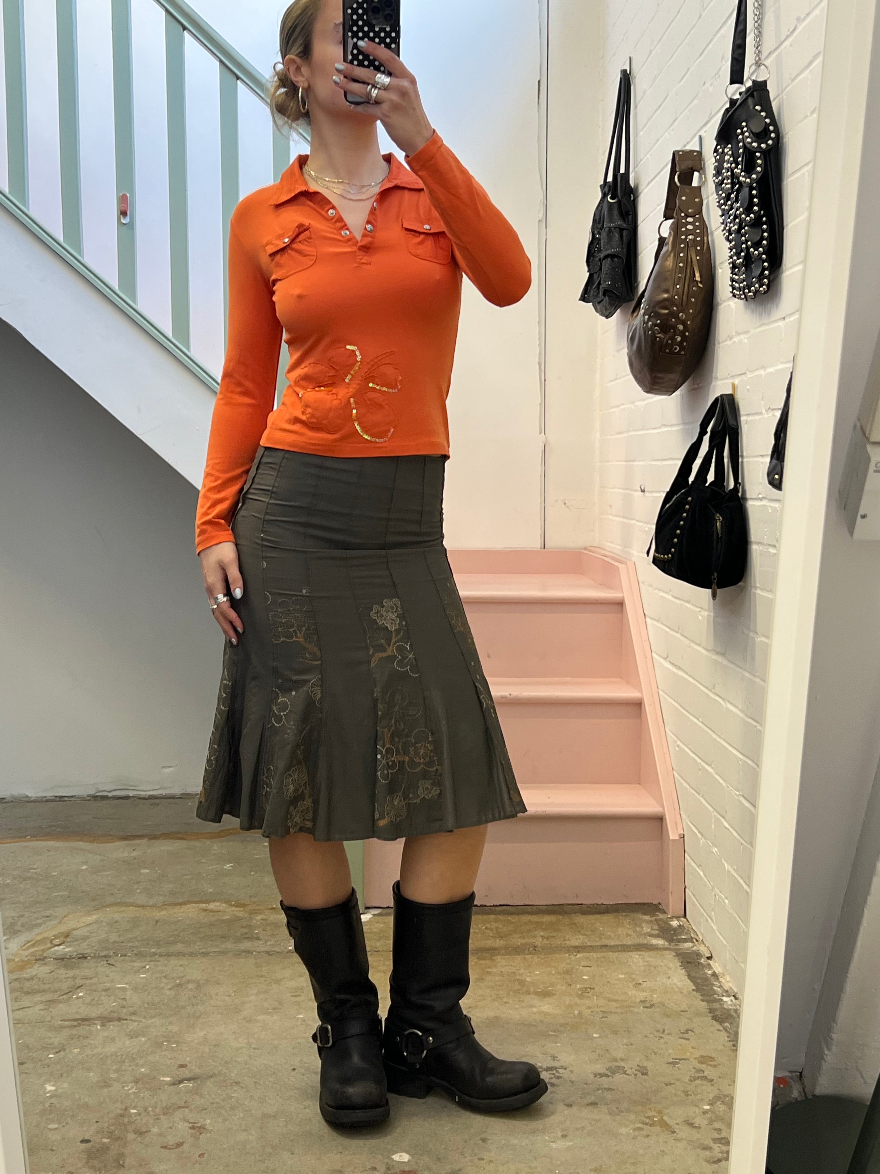 Khaki pleated embroidered midi skirt