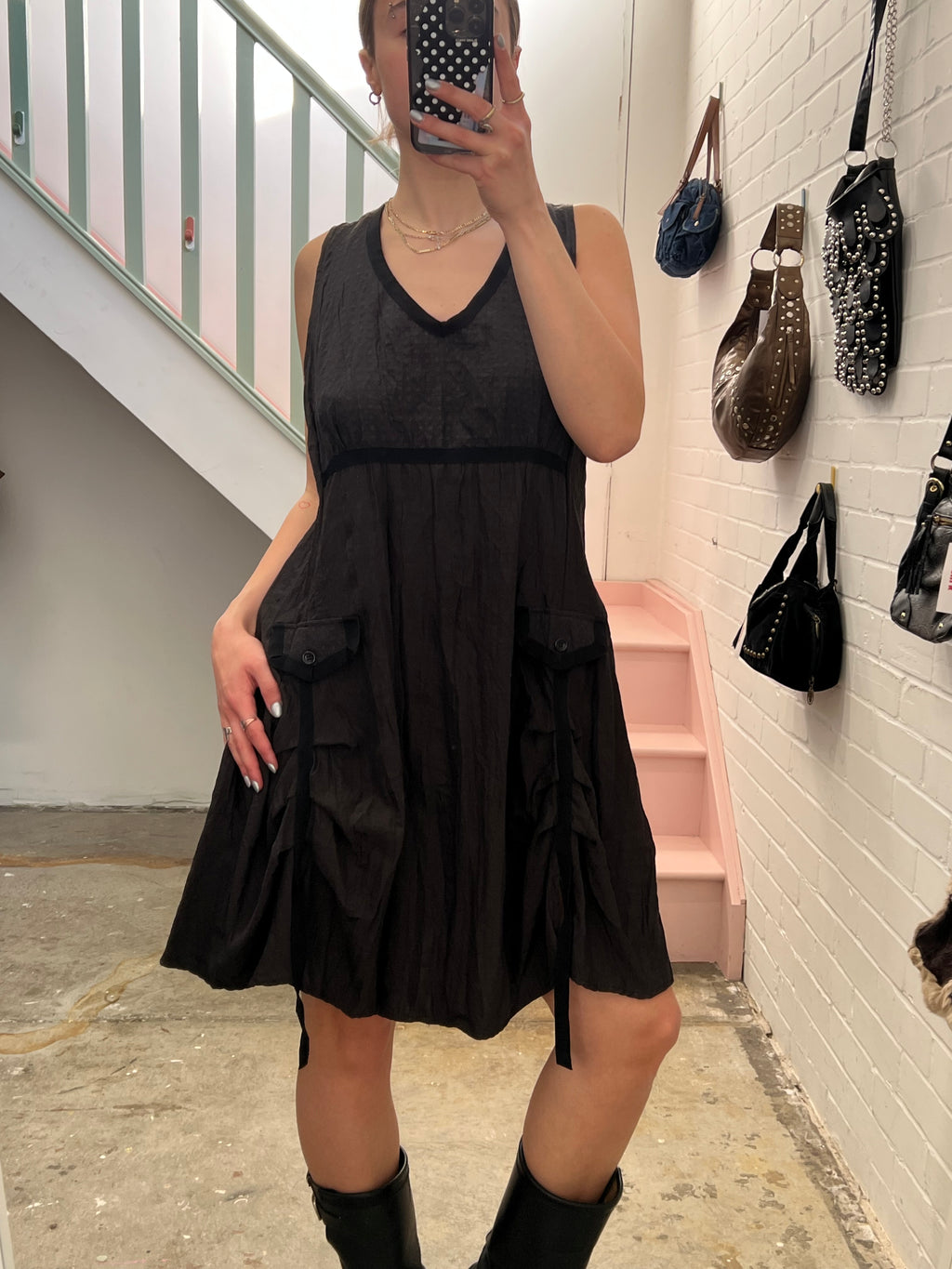 Grey brown crinkle floaty utility midi dress