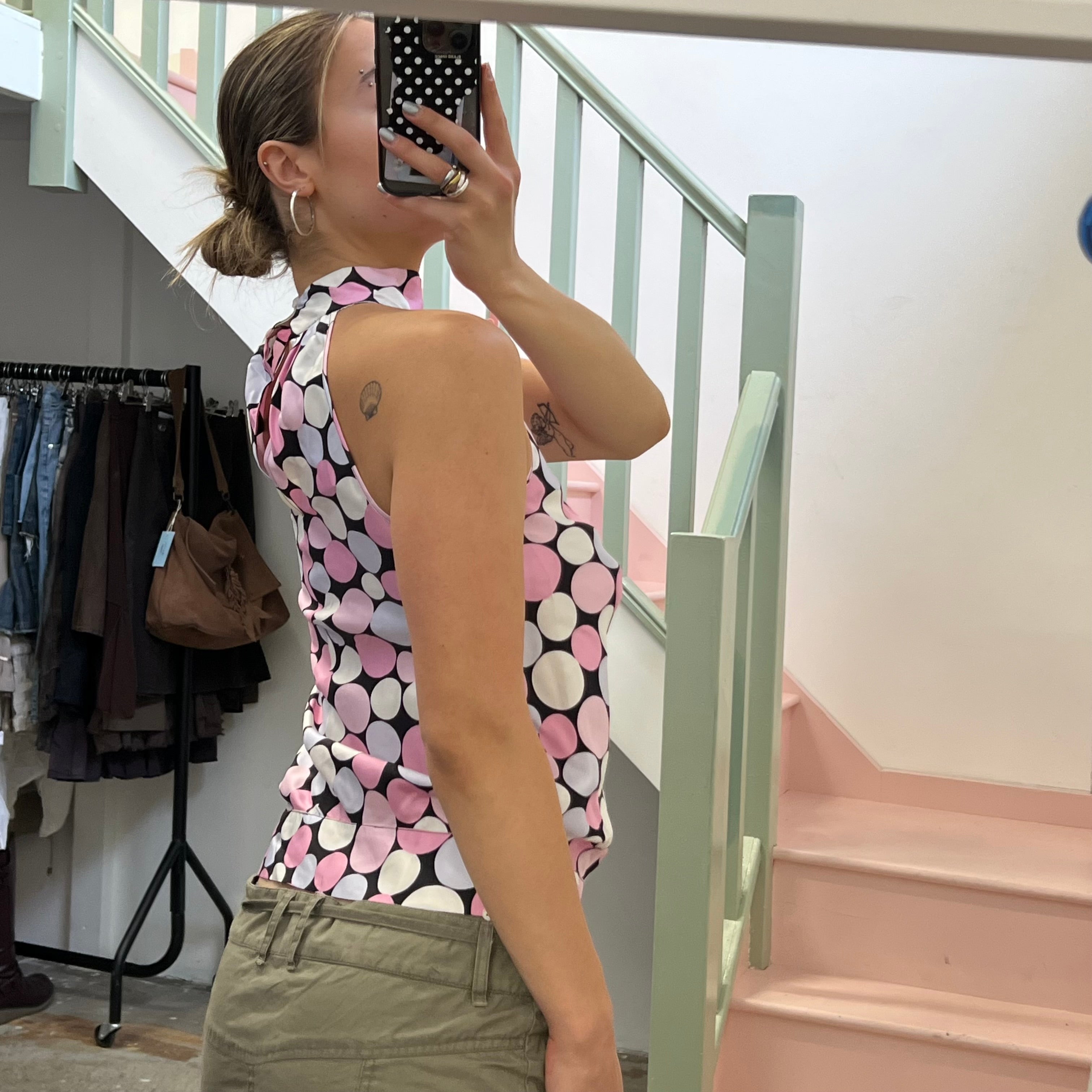 Pastel pink polka dot high neck vest