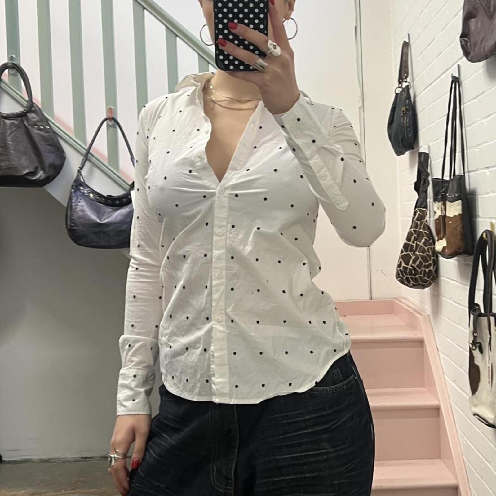 white and black fitted polka dot vintage shirt