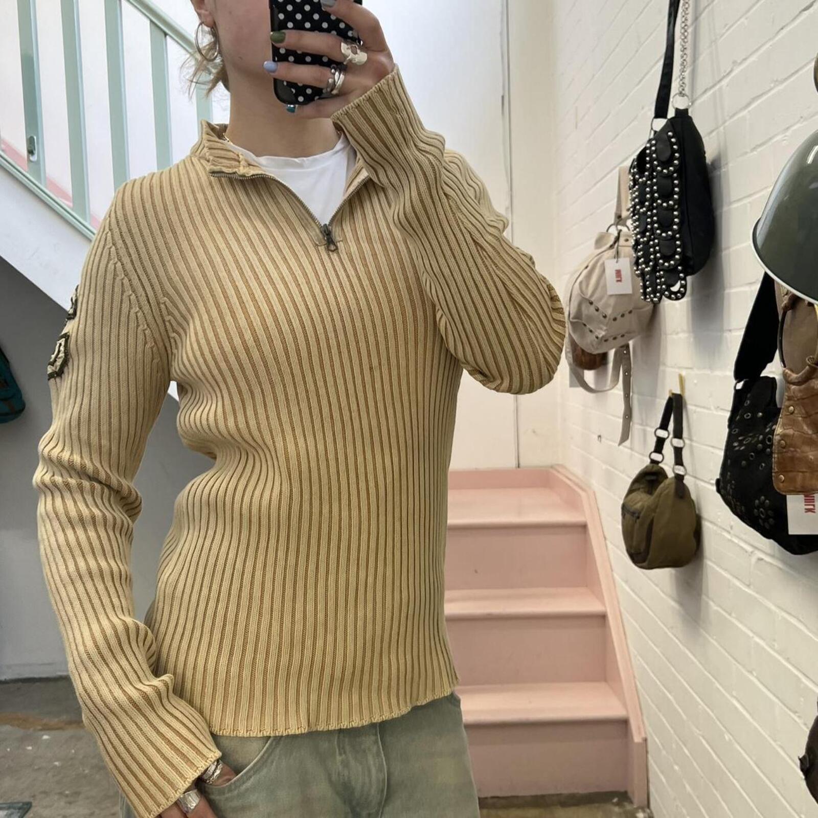 cream knitted high neck 1/4 zip ribbed vintage sweater with number print on sleeve