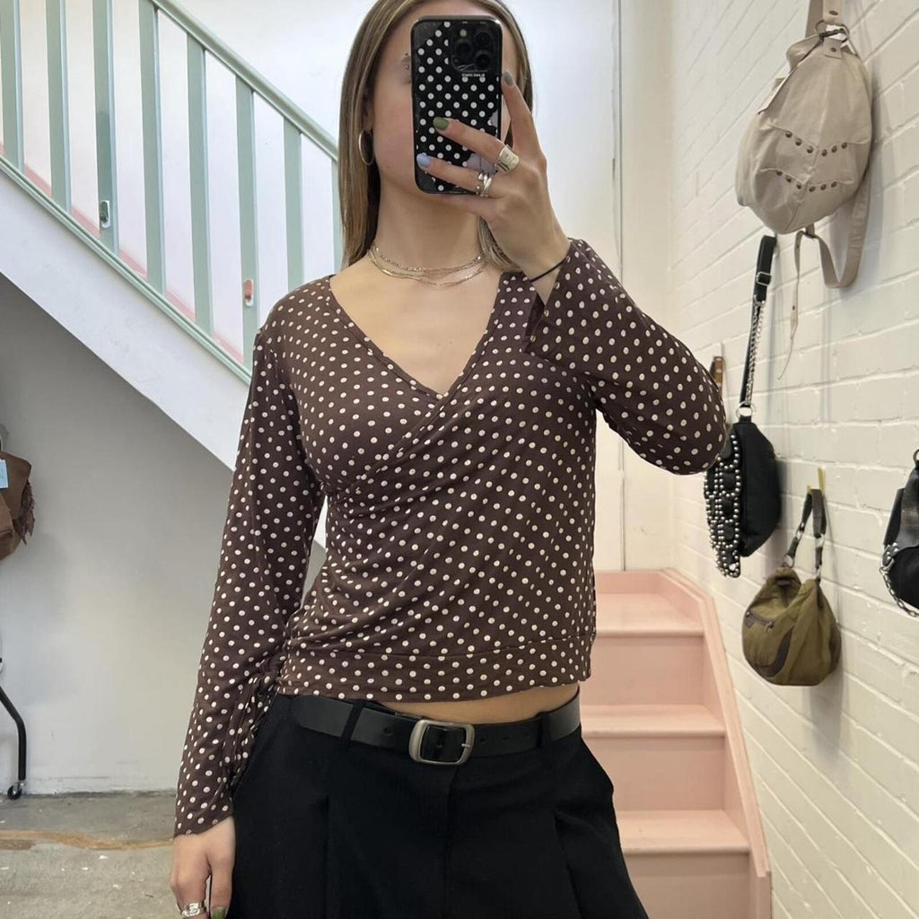 Cache brown and white polka dot v neck vintage fitted long sleeve top