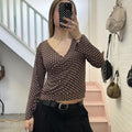 Cache brown and white polka dot v neck vintage fitted long sleeve top