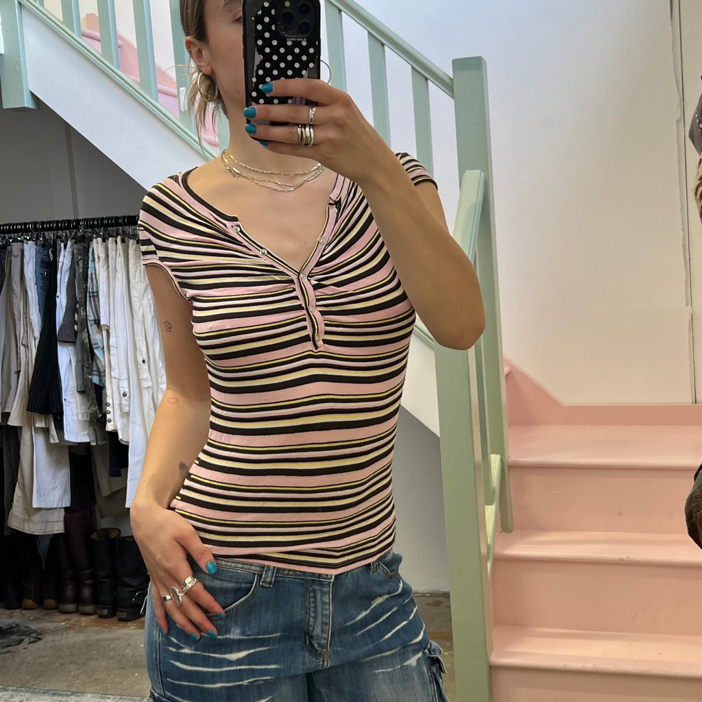 Pink striped button up v neck tee