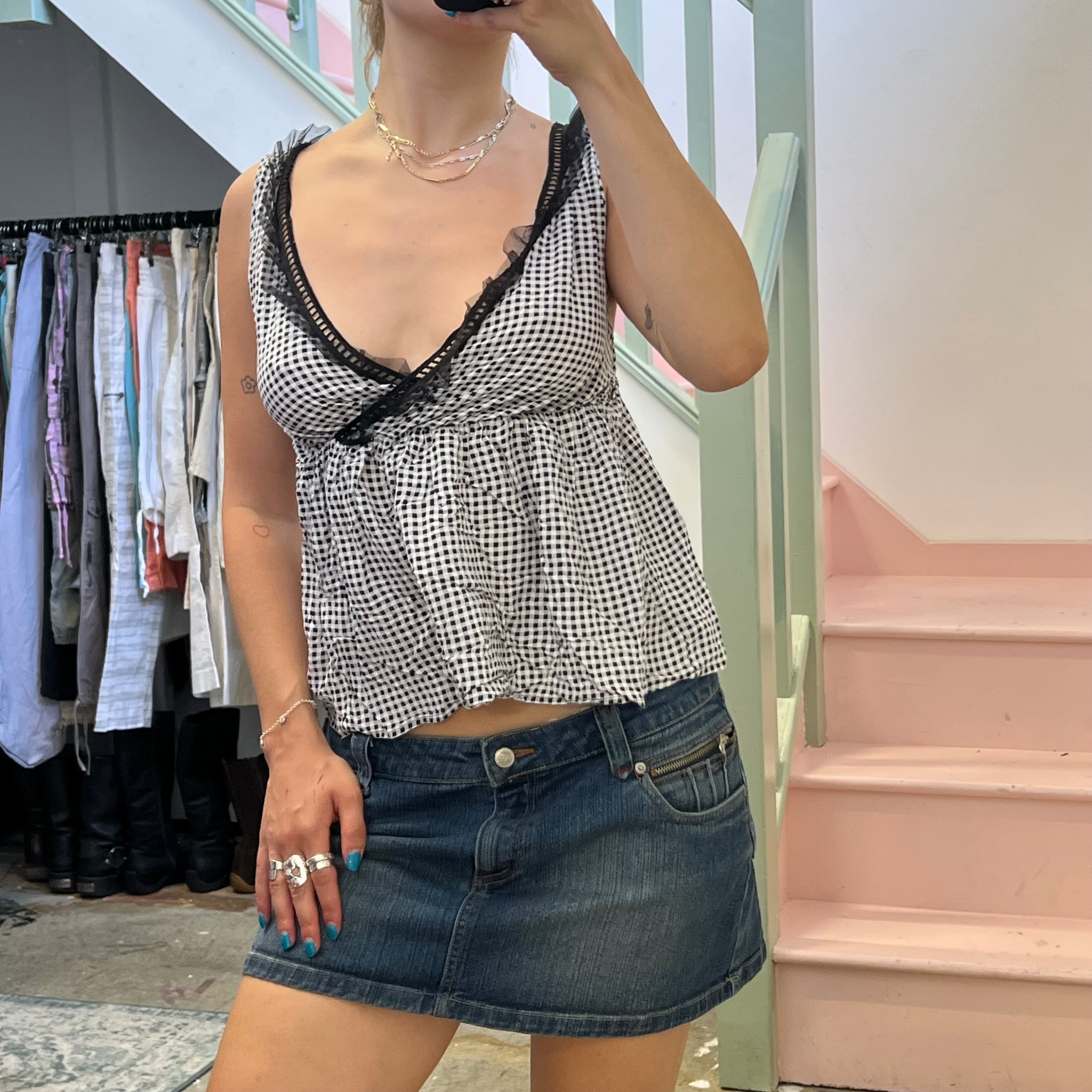 Black and white gingham lace trim vest