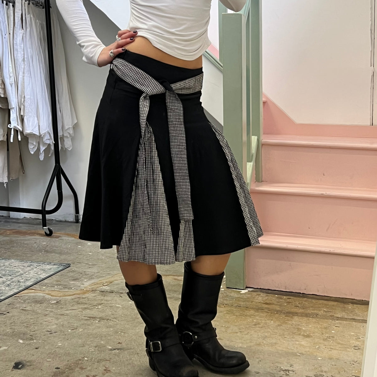 Black pleated gingham midi skirt