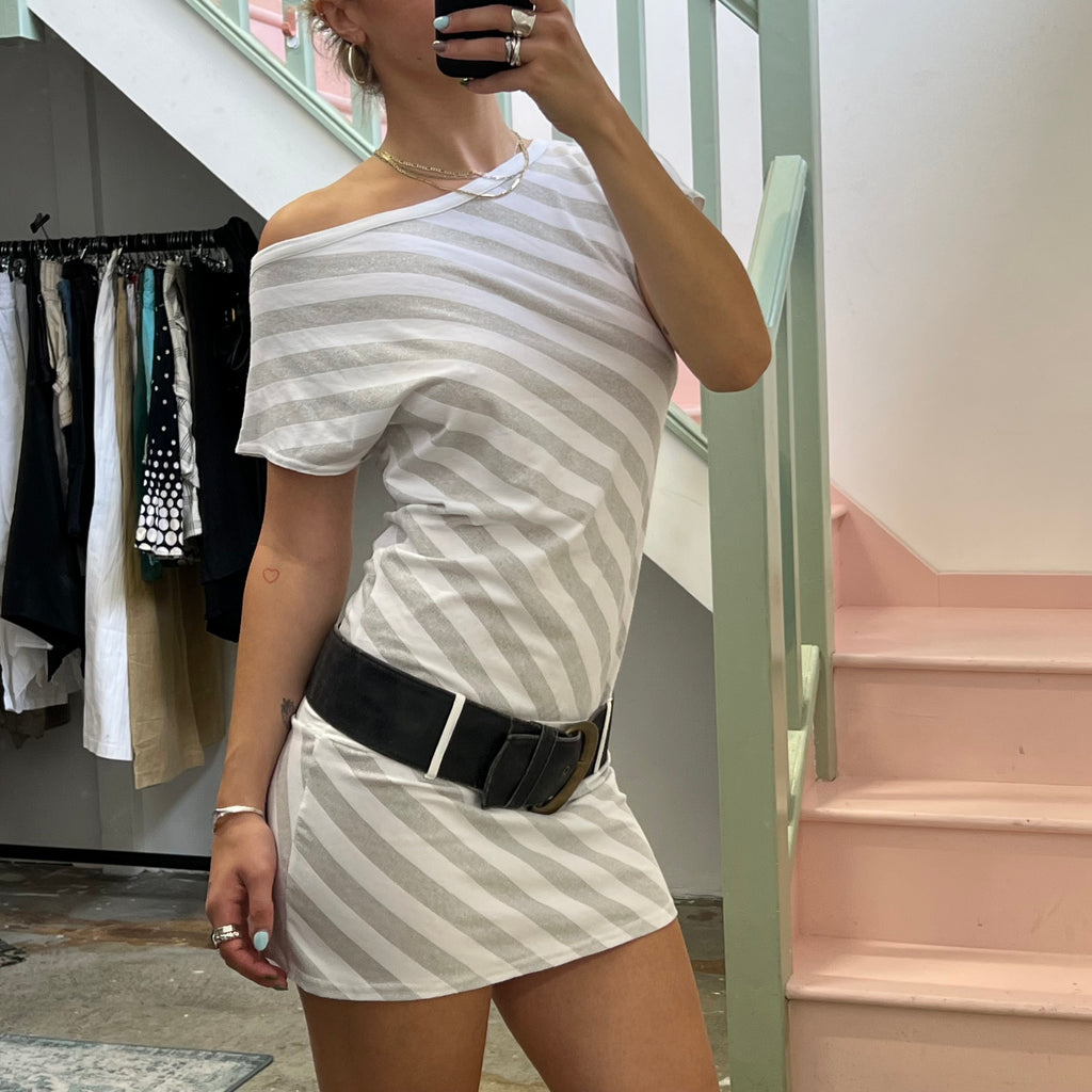 White and silver striped drop waist slouchy mini dress