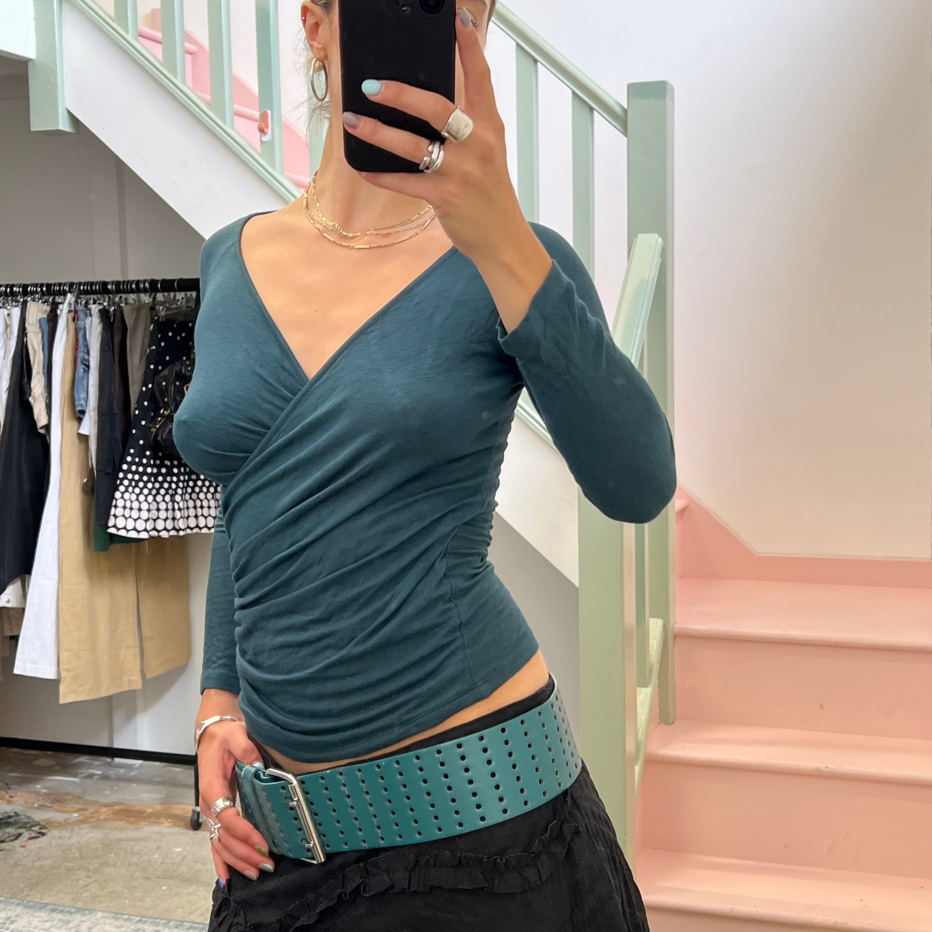 Teal v neck slouchy top