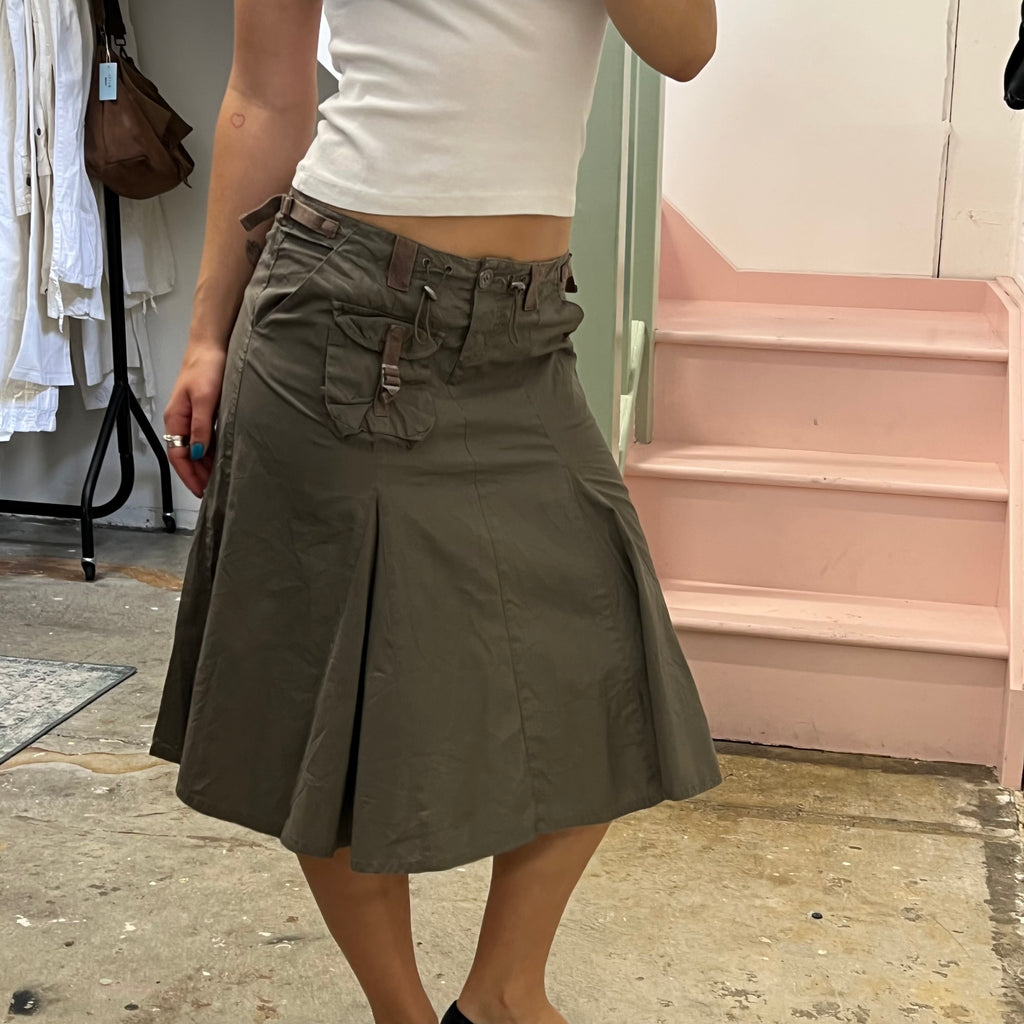 Khaki pleated cargo midi skirt