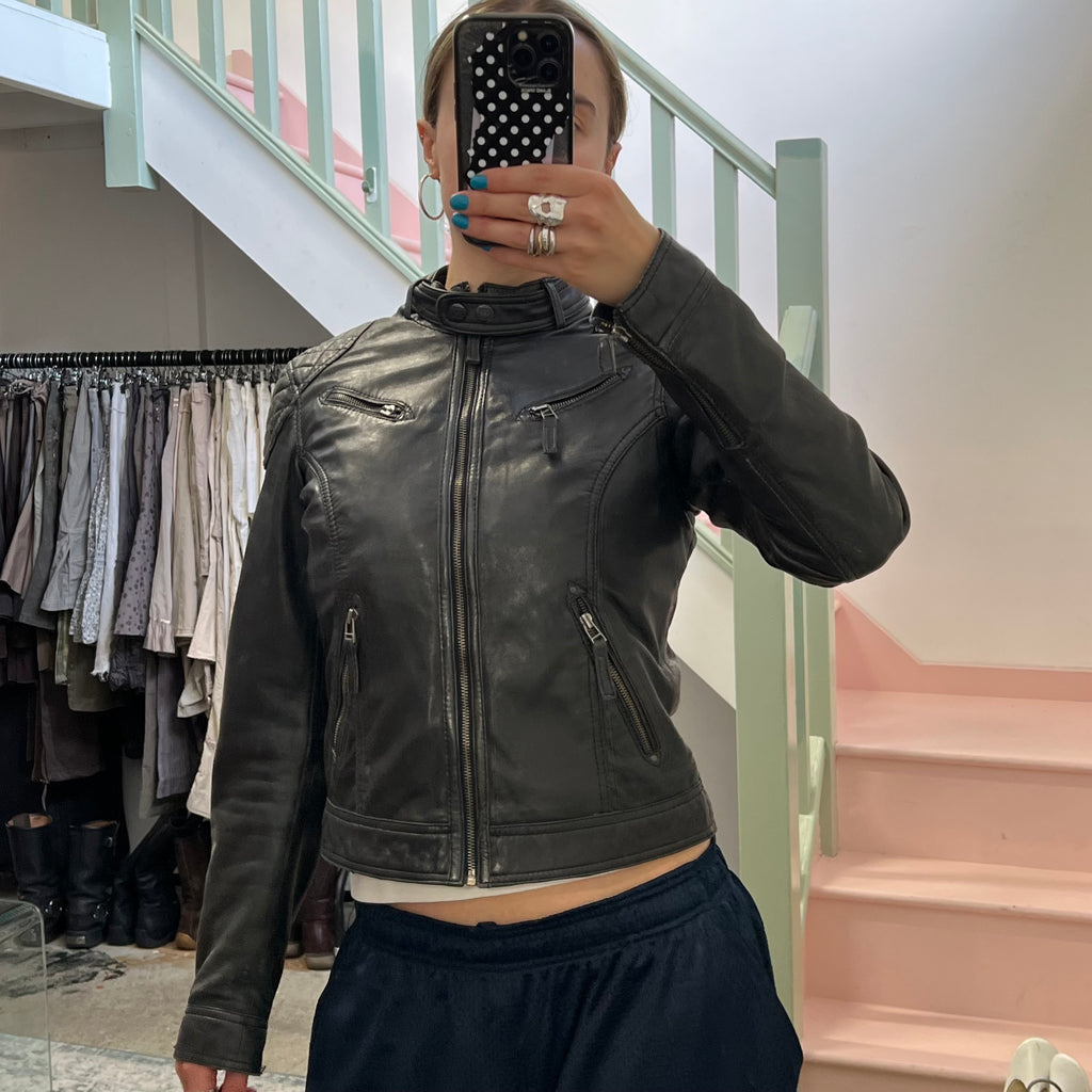 Black leather fitted biker jacket