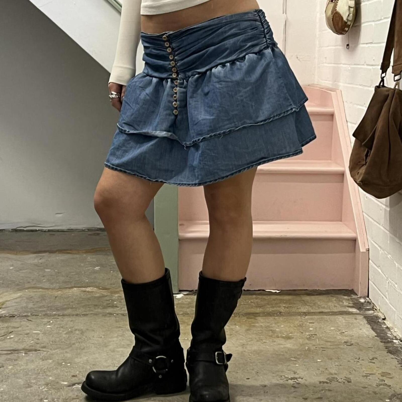 denim frilly layered vintage low rise rara skirt