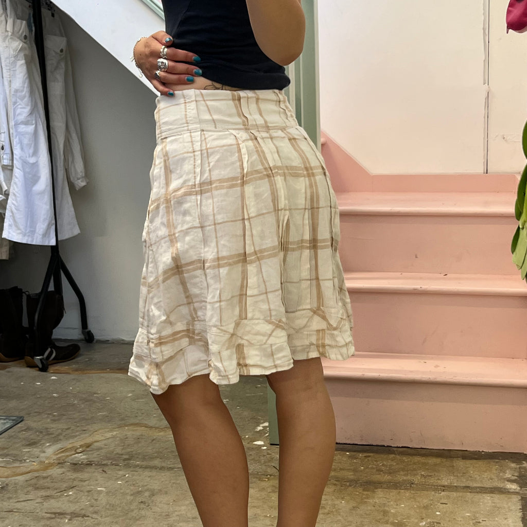 White and brown checkered linen midi skirt