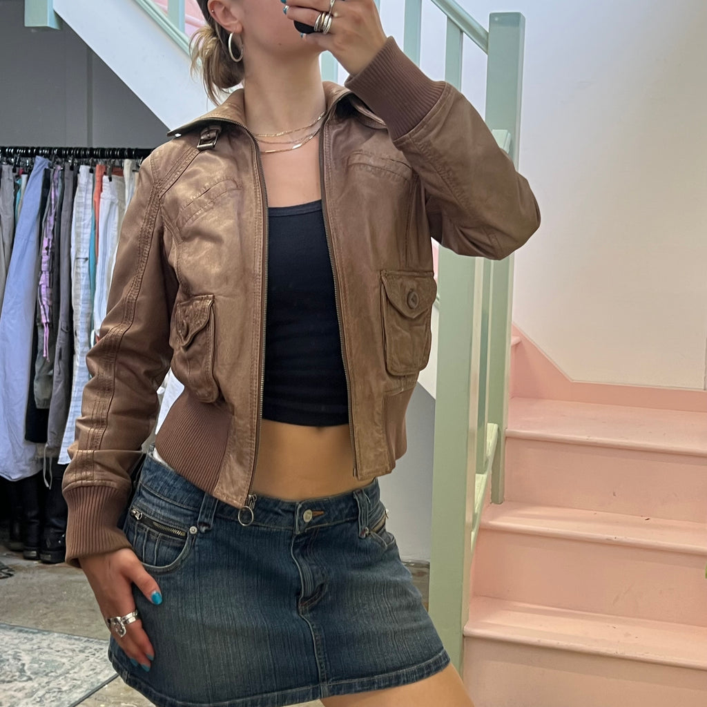 Brown leather zip up bomber jacket