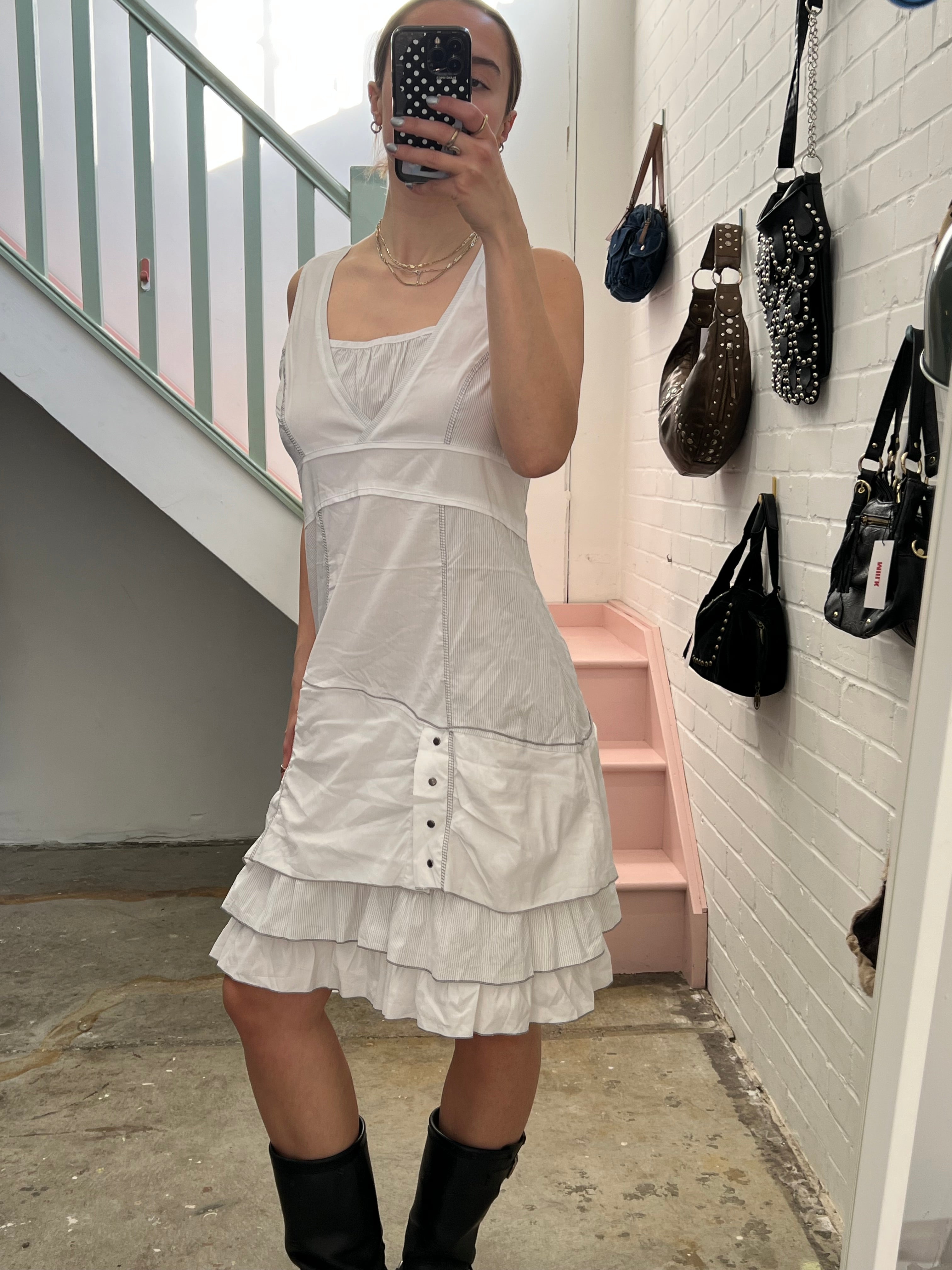 White layered utility style midi dress