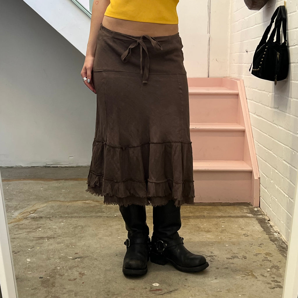 Brown linen ruffle maxi skirt