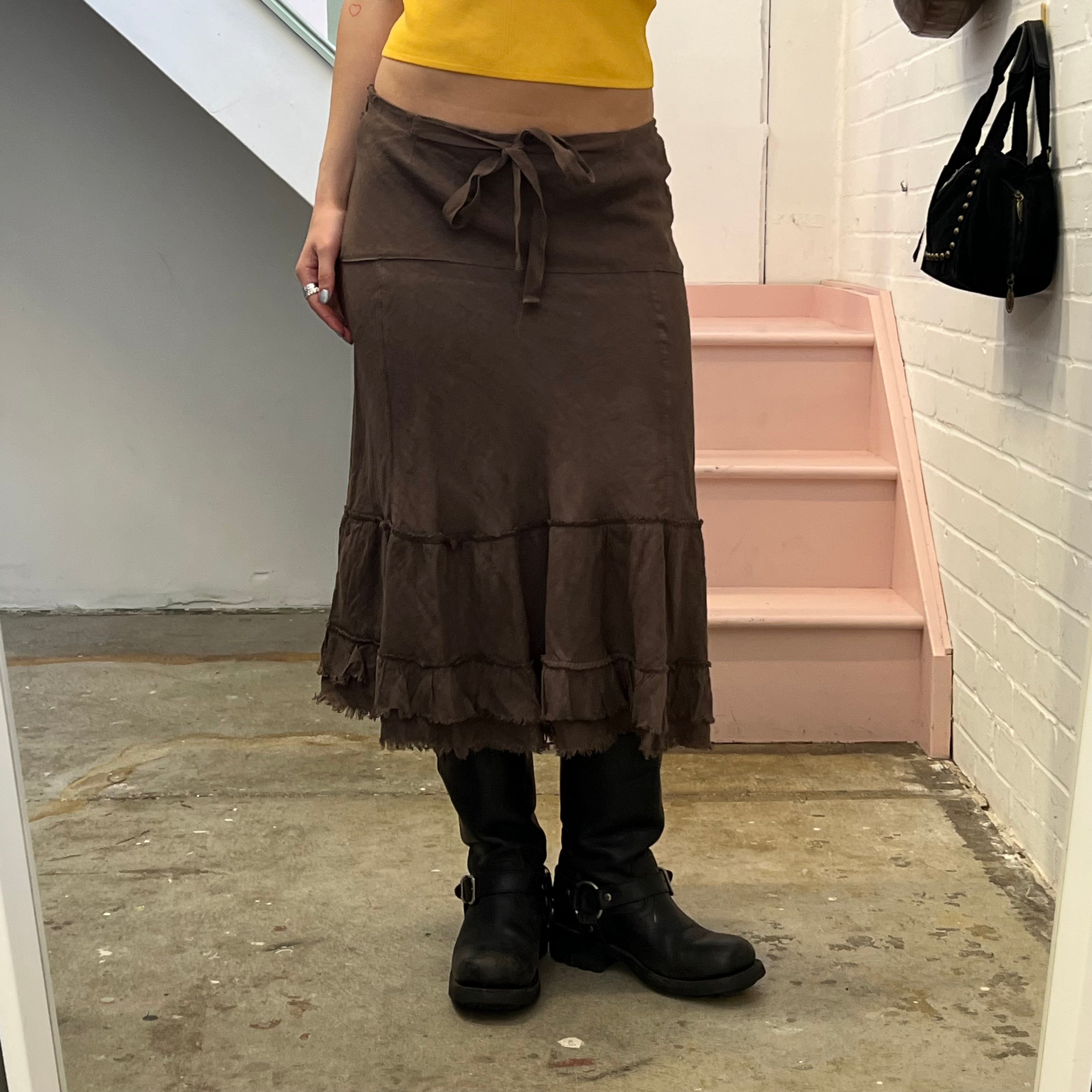 Brown linen ruffle maxi skirt