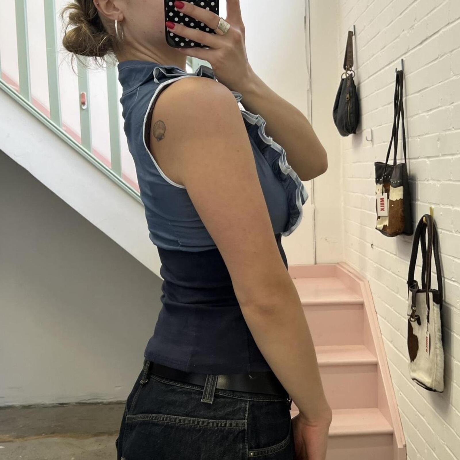 blue and navy fitted vintage shirt vest with ruffles