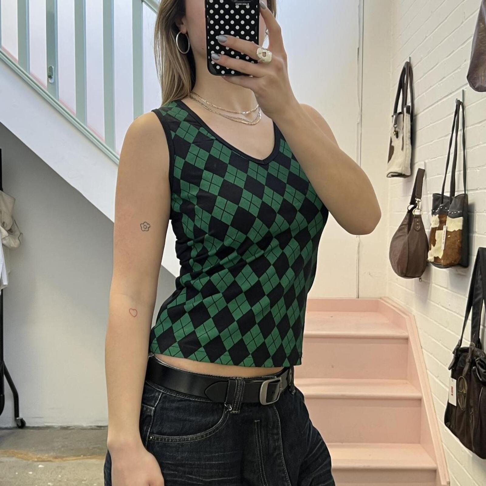 green and black checkered fitted vintage v neck vest top