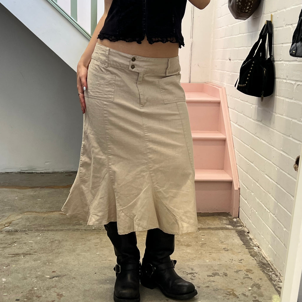 Cream linen pleated tailored maxi skirt