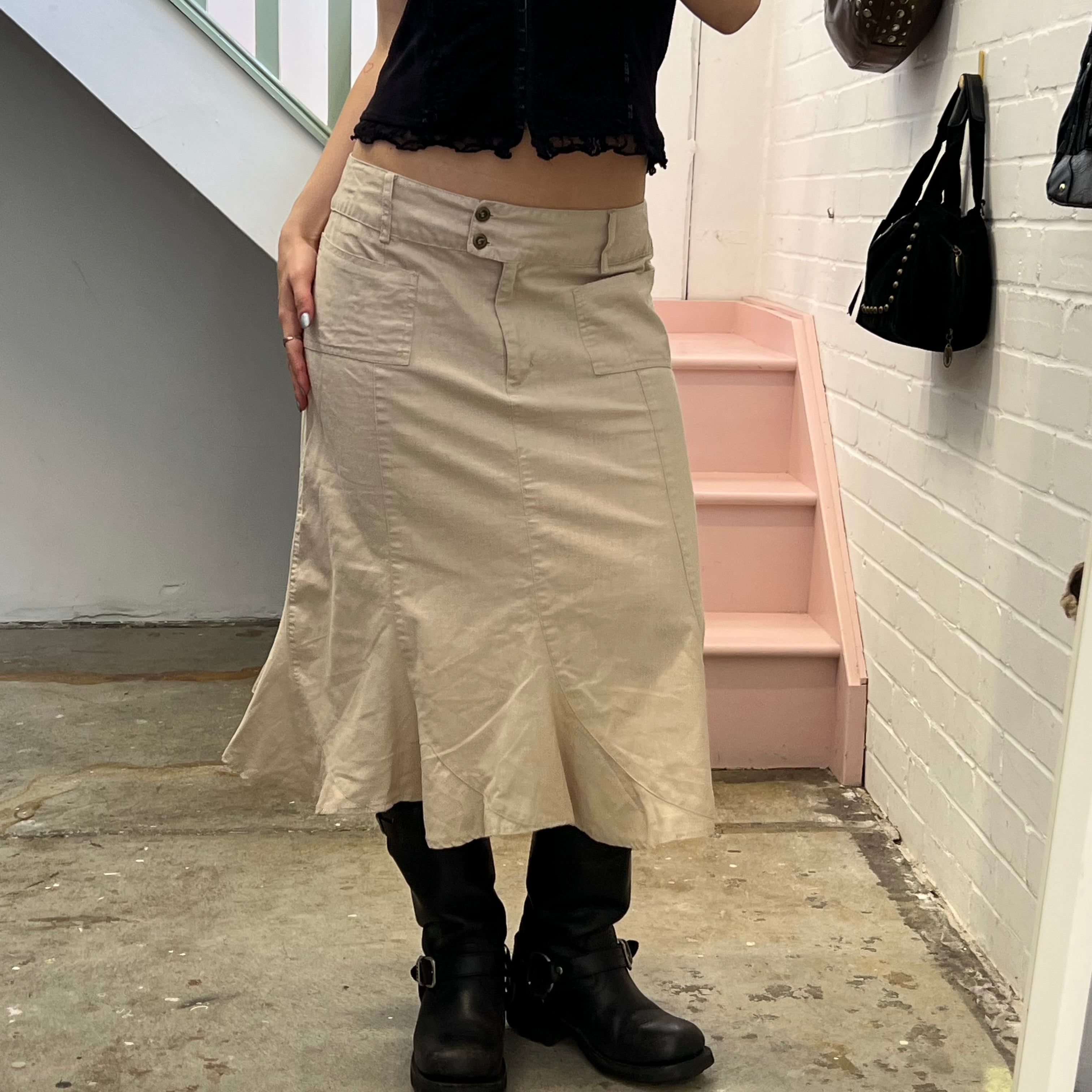 Cream linen pleated tailored maxi skirt