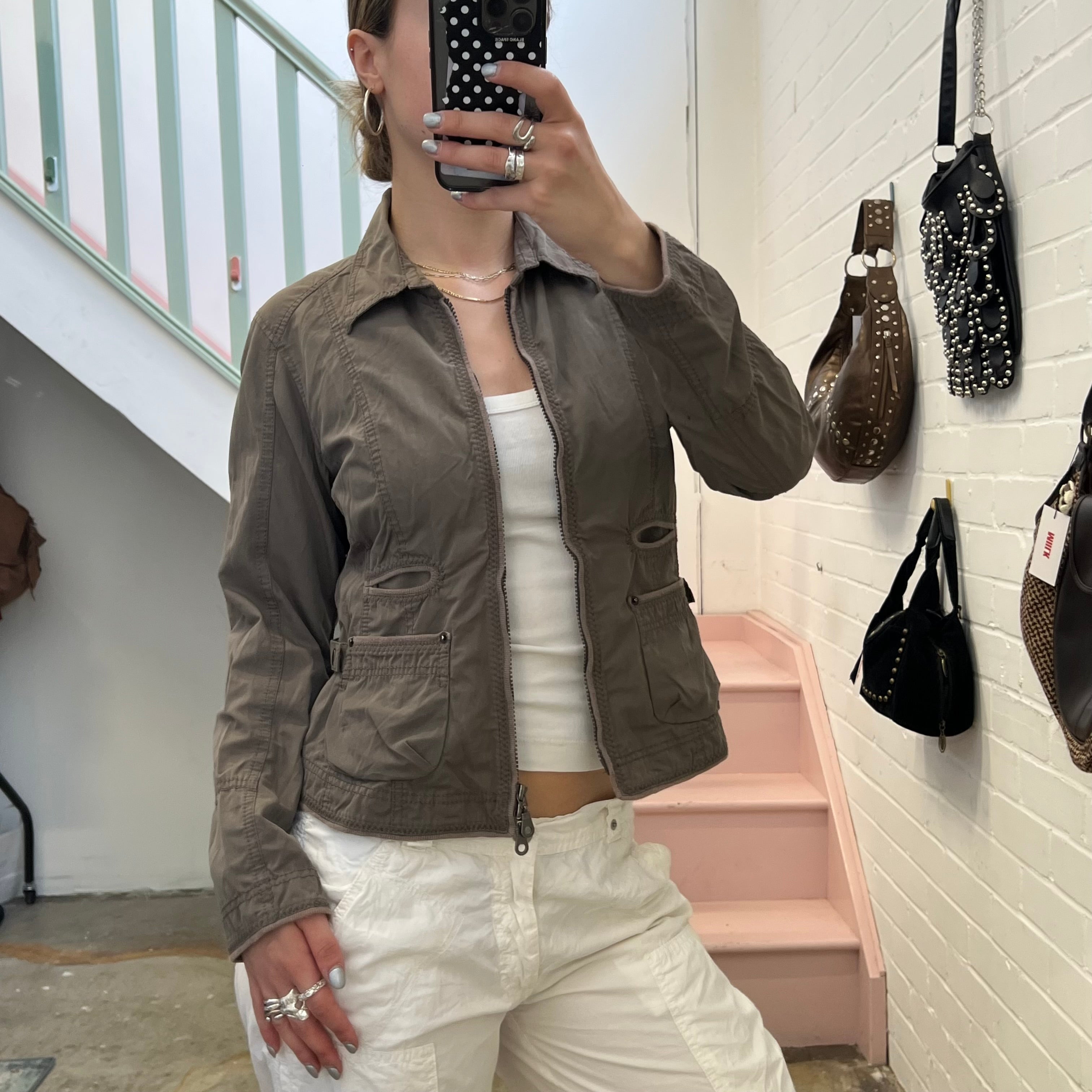 Khaki grey lightweight fitted zip up biker jacket