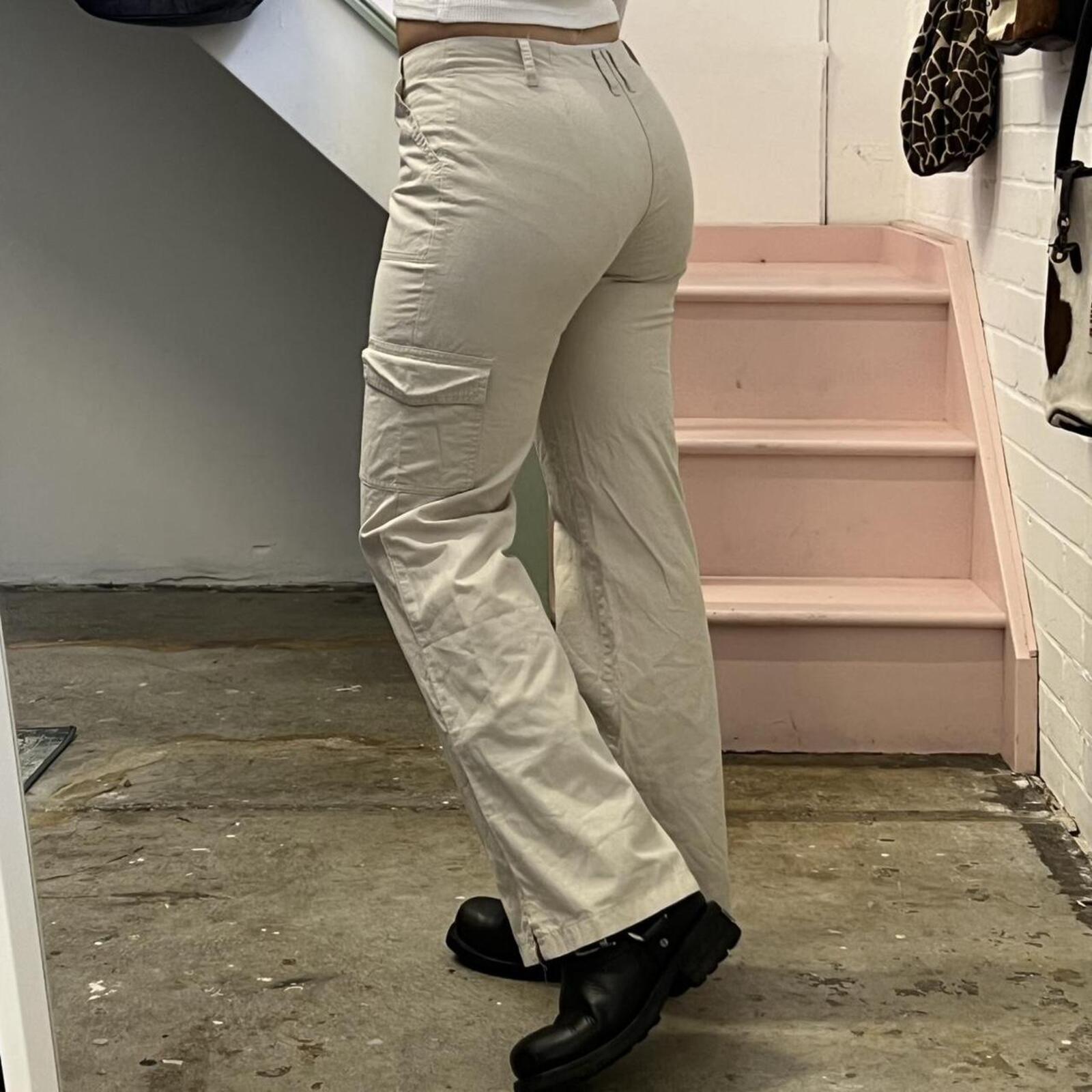 cream wide leg low rise vintage tailored style cargo trousers with pocket detail