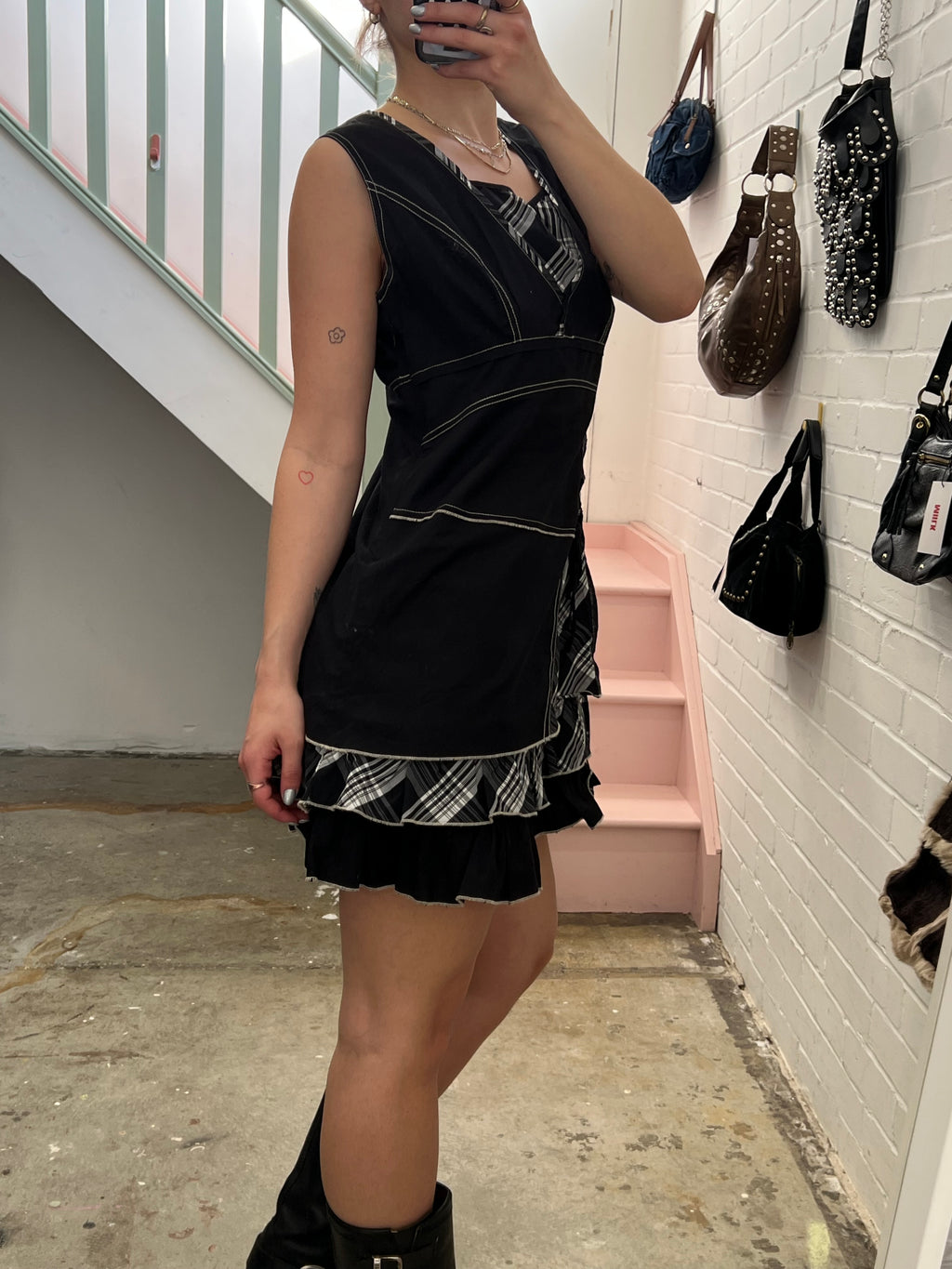 Black and grey layered checkered utility style mini dress