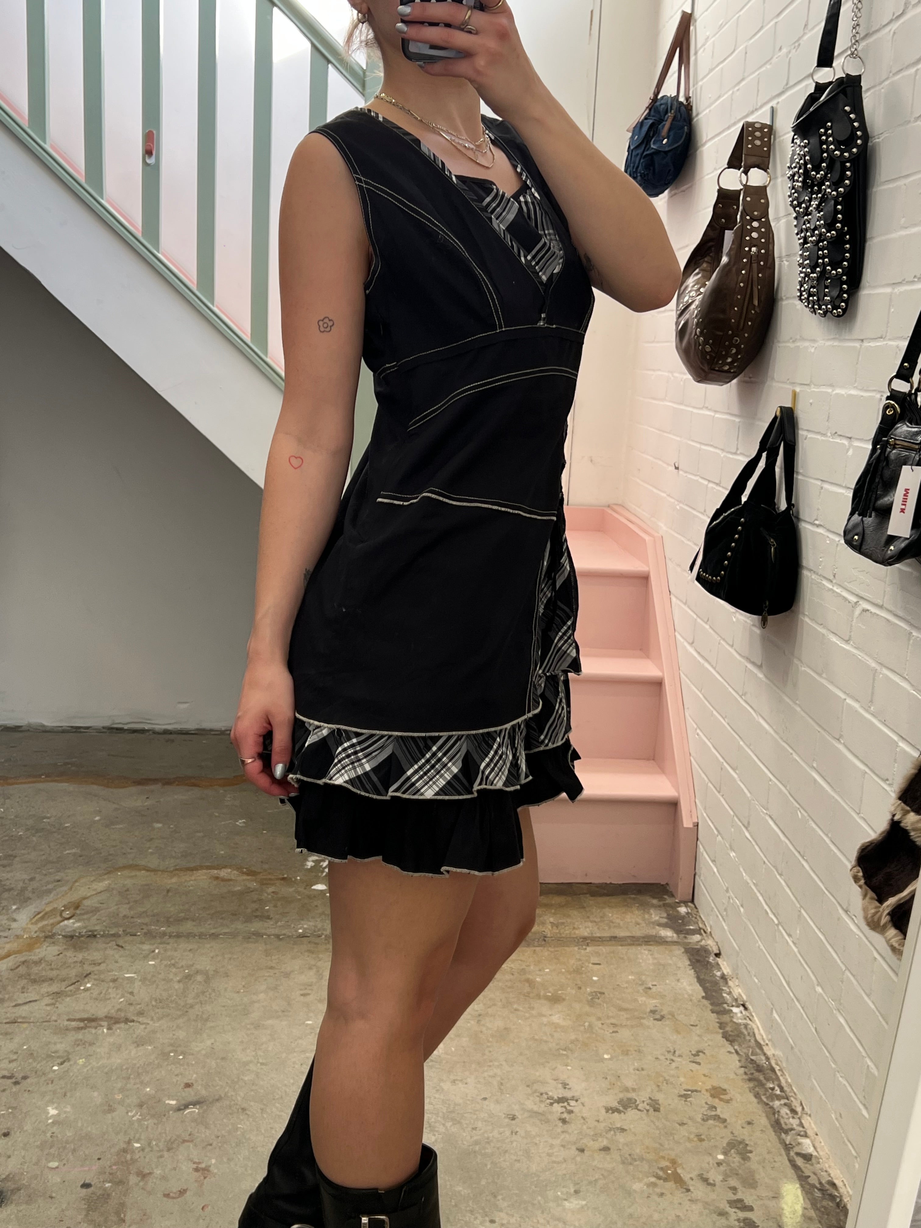 Black and grey layered checkered utility style mini dress