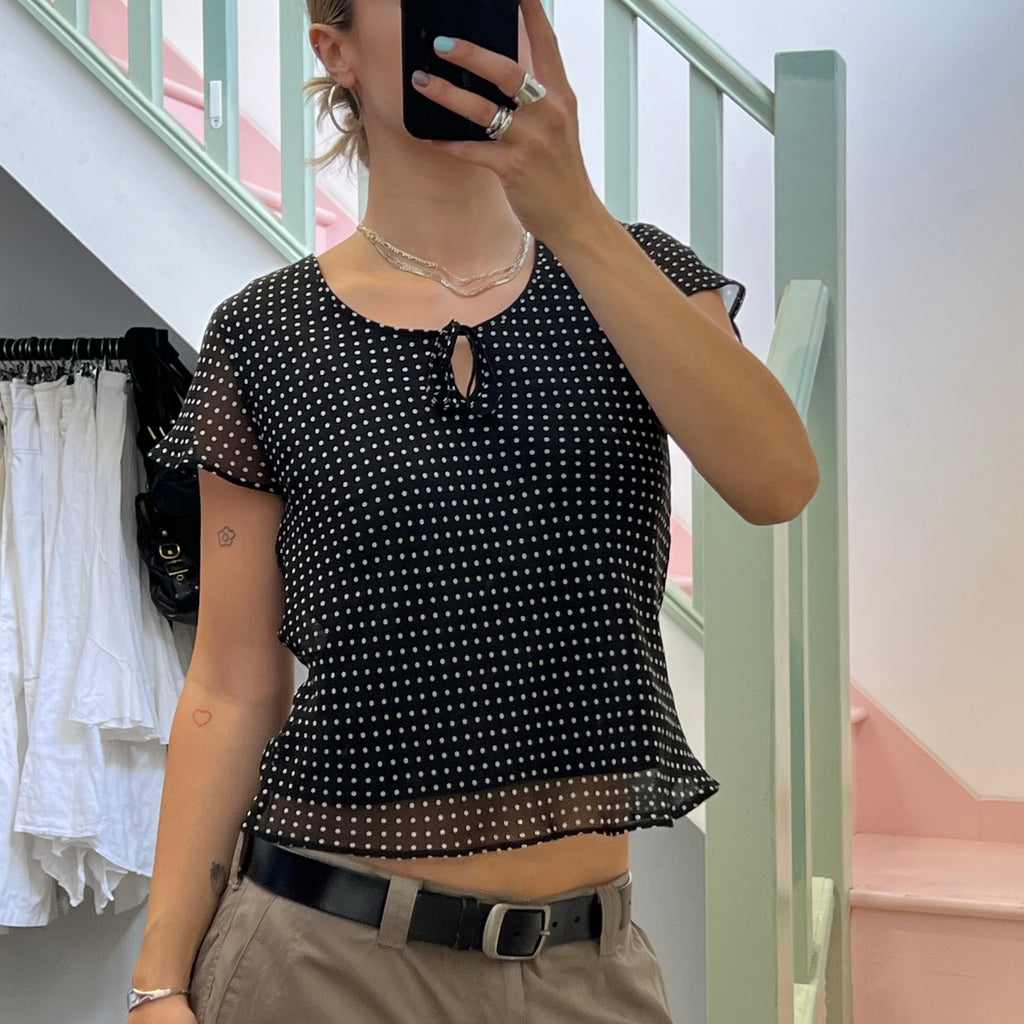 Black and white polka dot floaty top