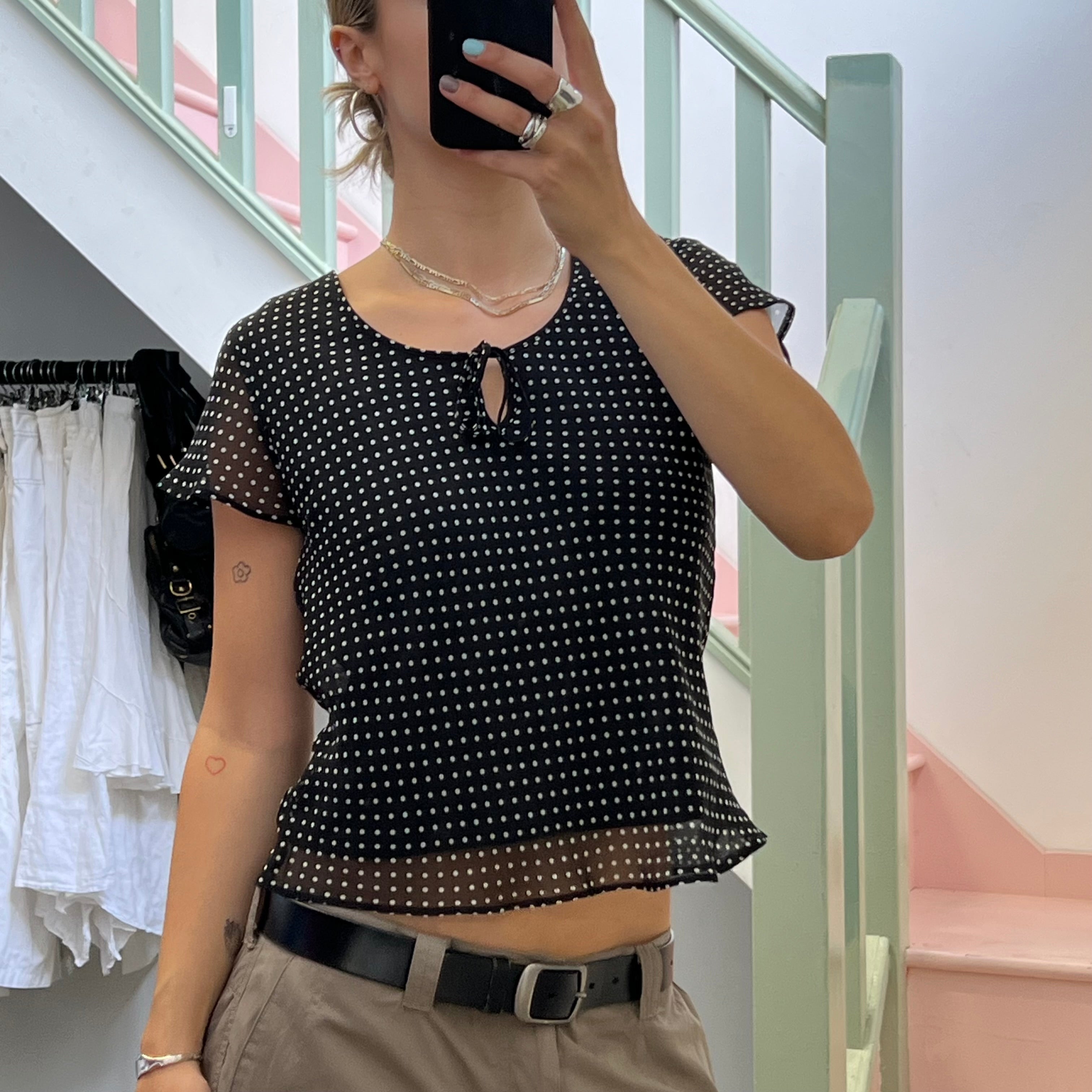 Black and white polka dot floaty top