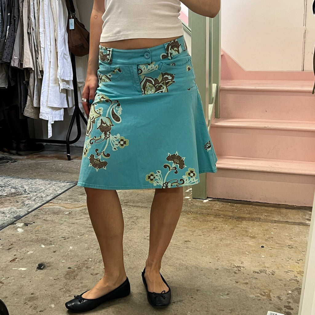 Blue and green denim paisley print midi skirt
