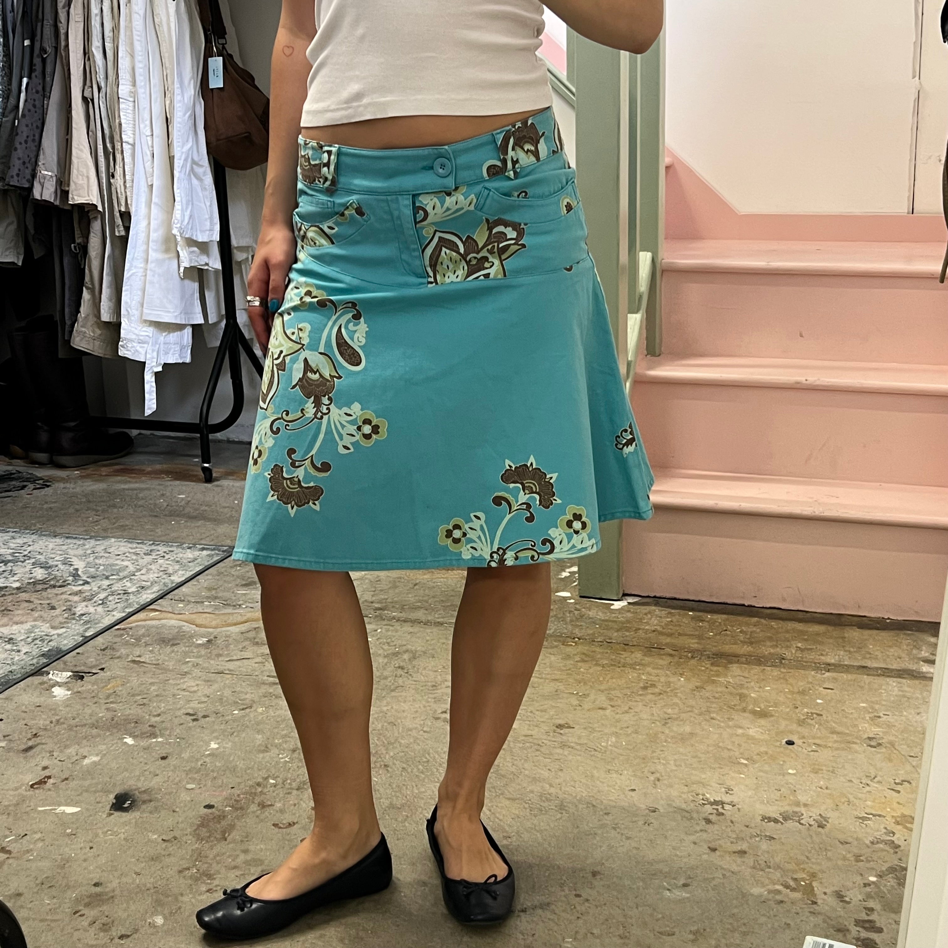 Blue and green denim paisley print midi skirt