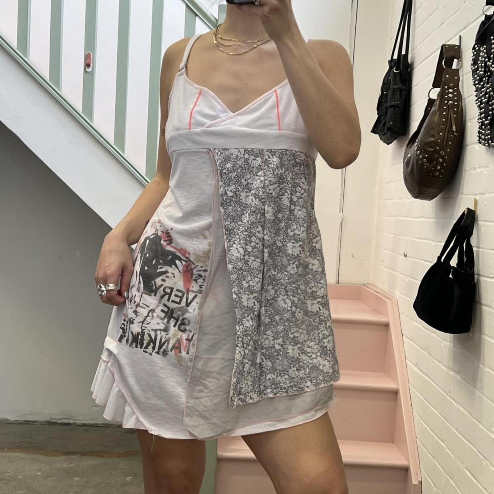 white and grey layered printed strappy mini dress