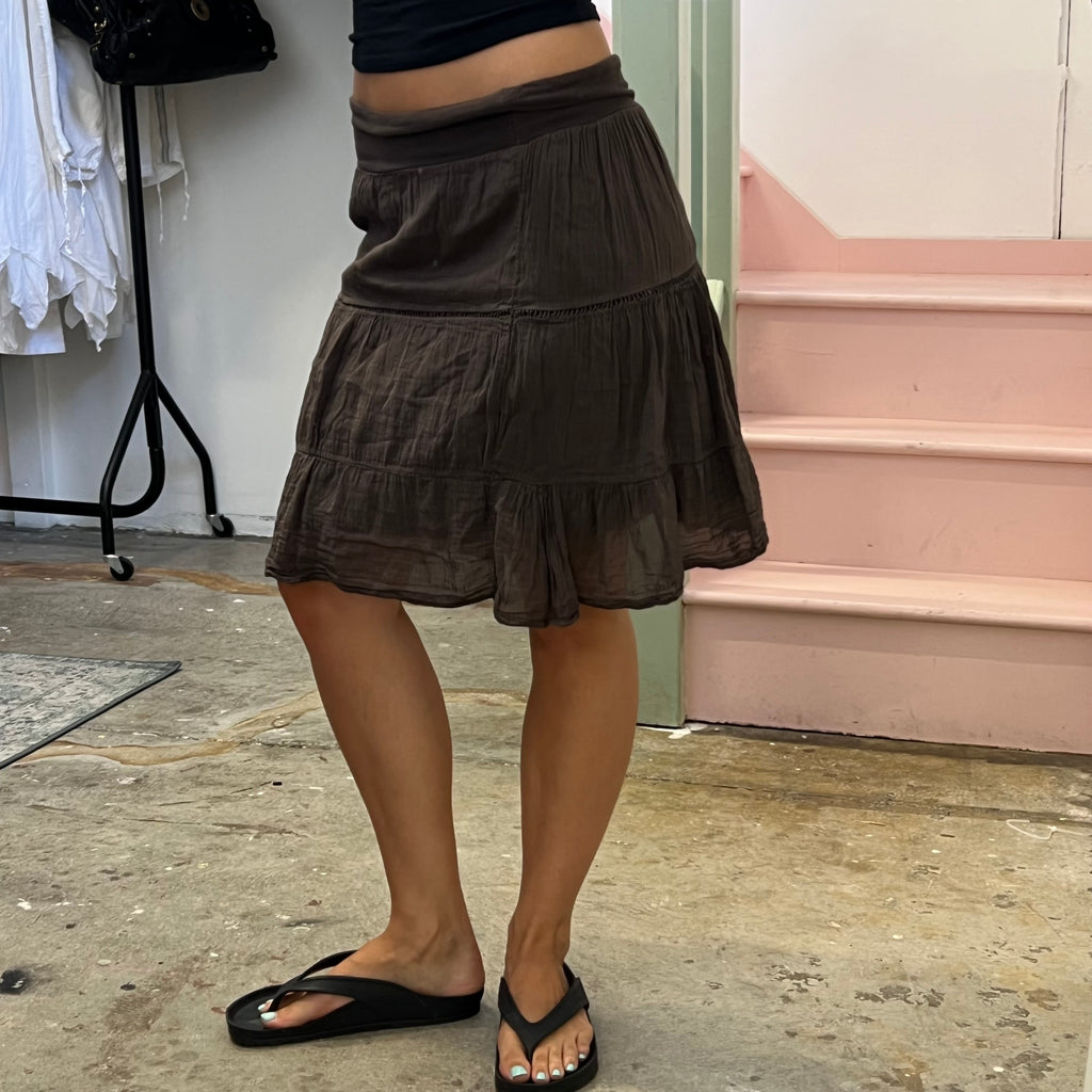 Brown fold waist midi skirt