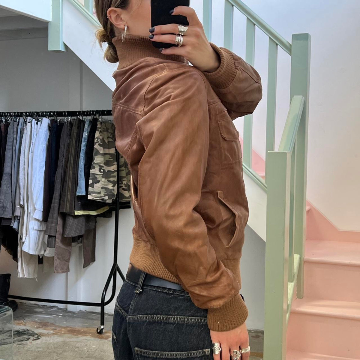 Brown zip up leather bomber jacket