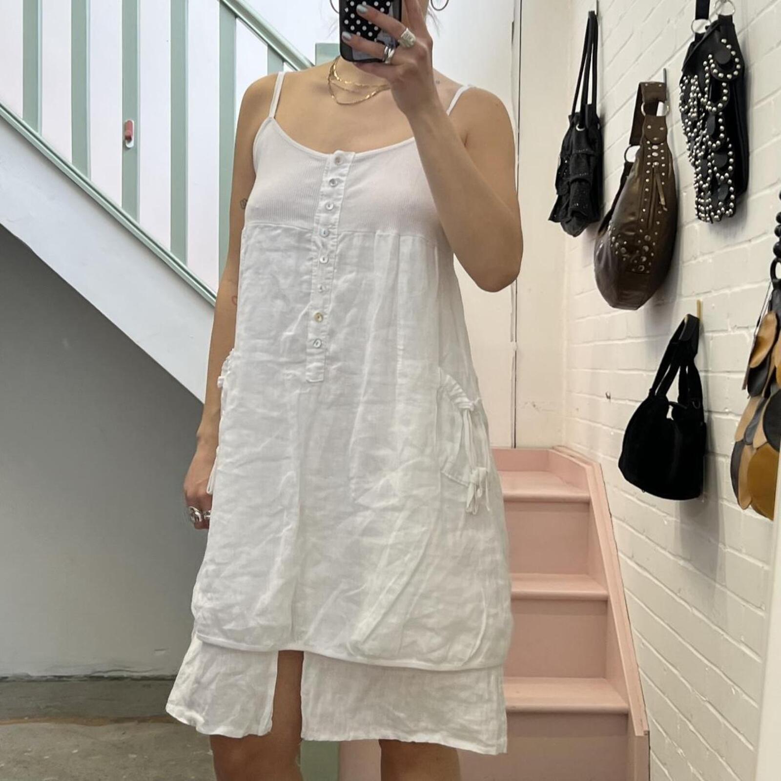 Italian vintage white linen bubble layered utility style midi dress