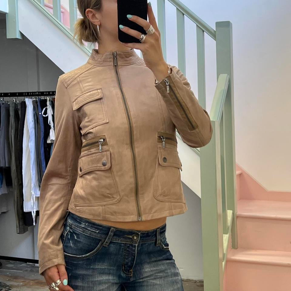 Light brown tan fitted zip up leather biker jacket