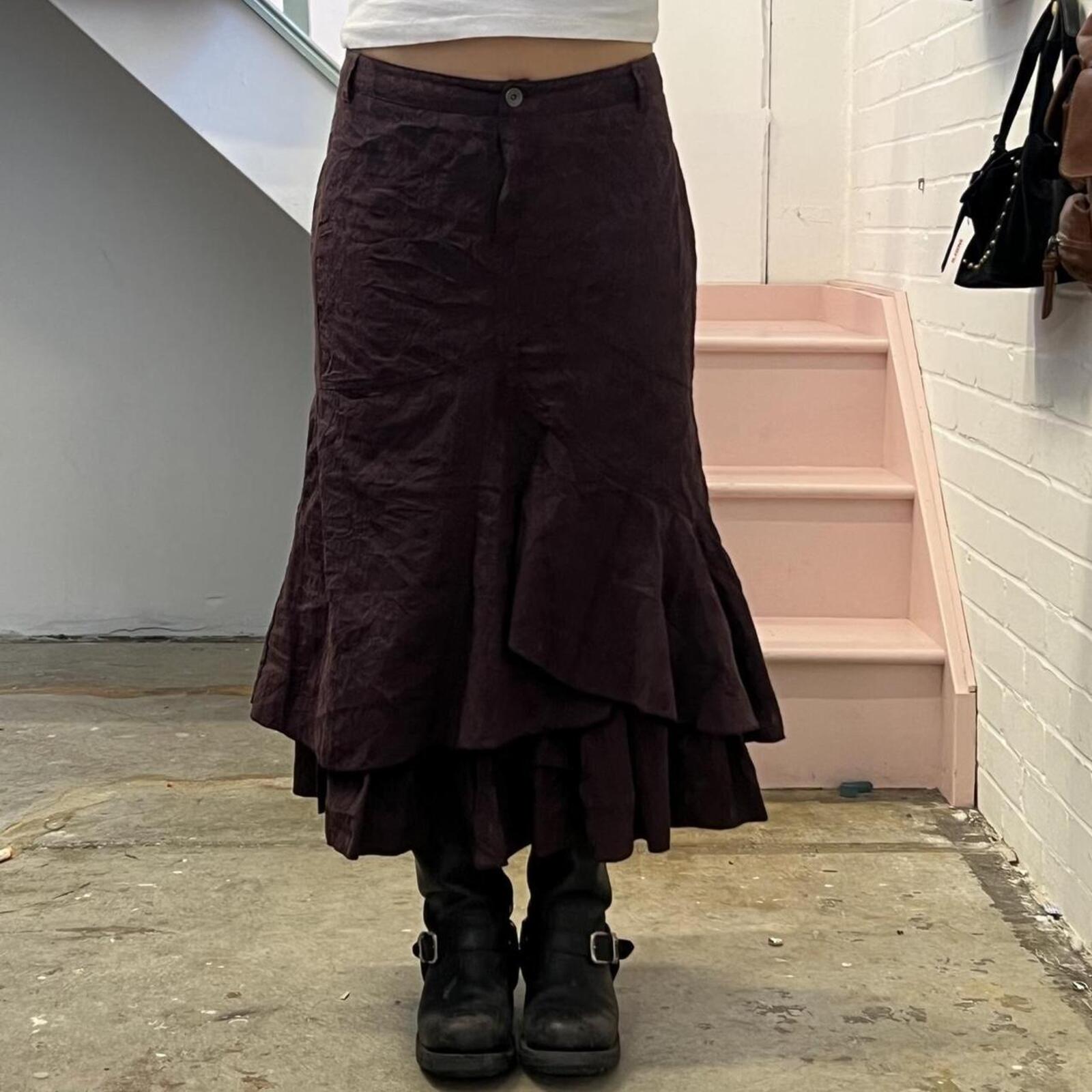 brown layered floaty vintage cargo utility style maxi skirt