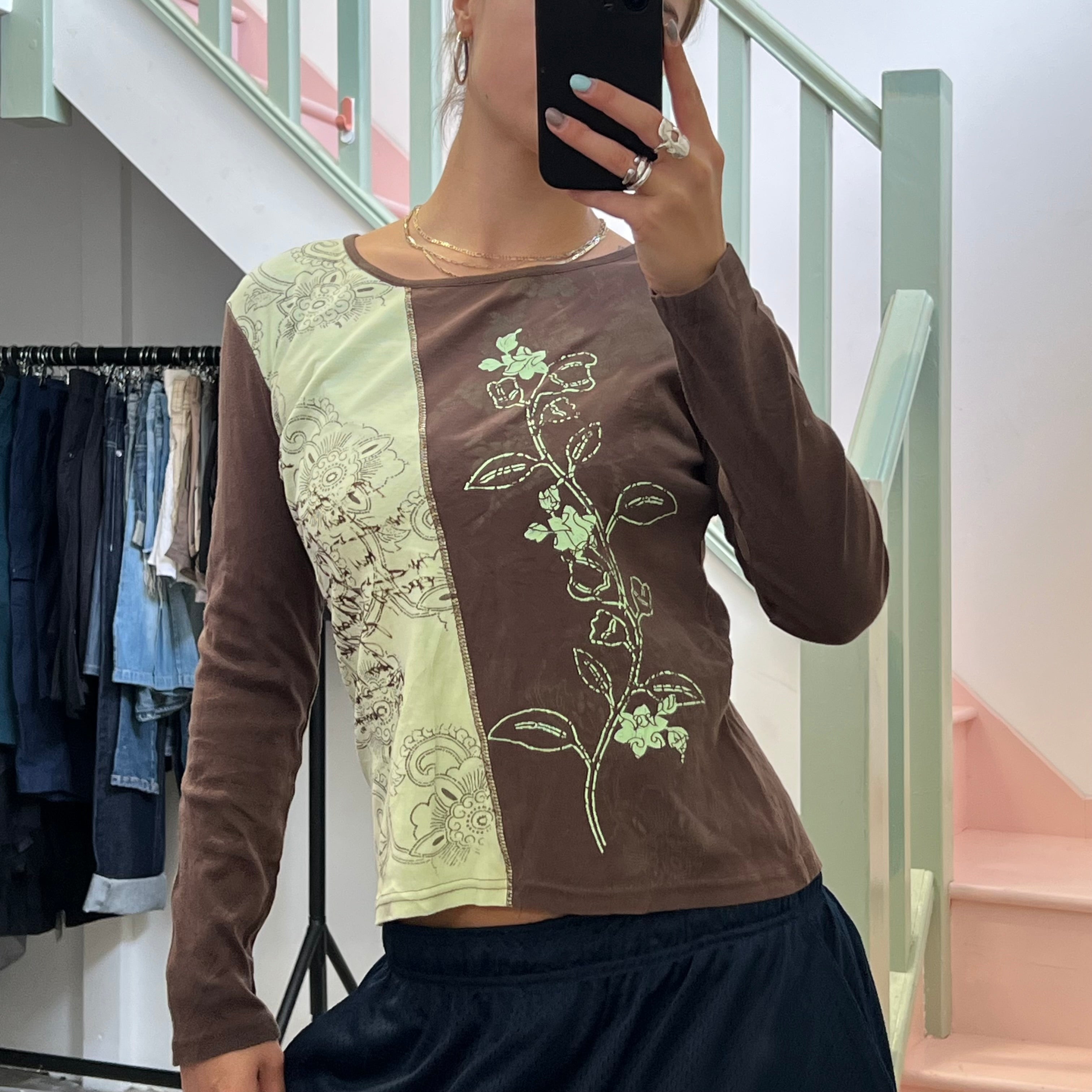 Brown and Green graphic print long sleeve top