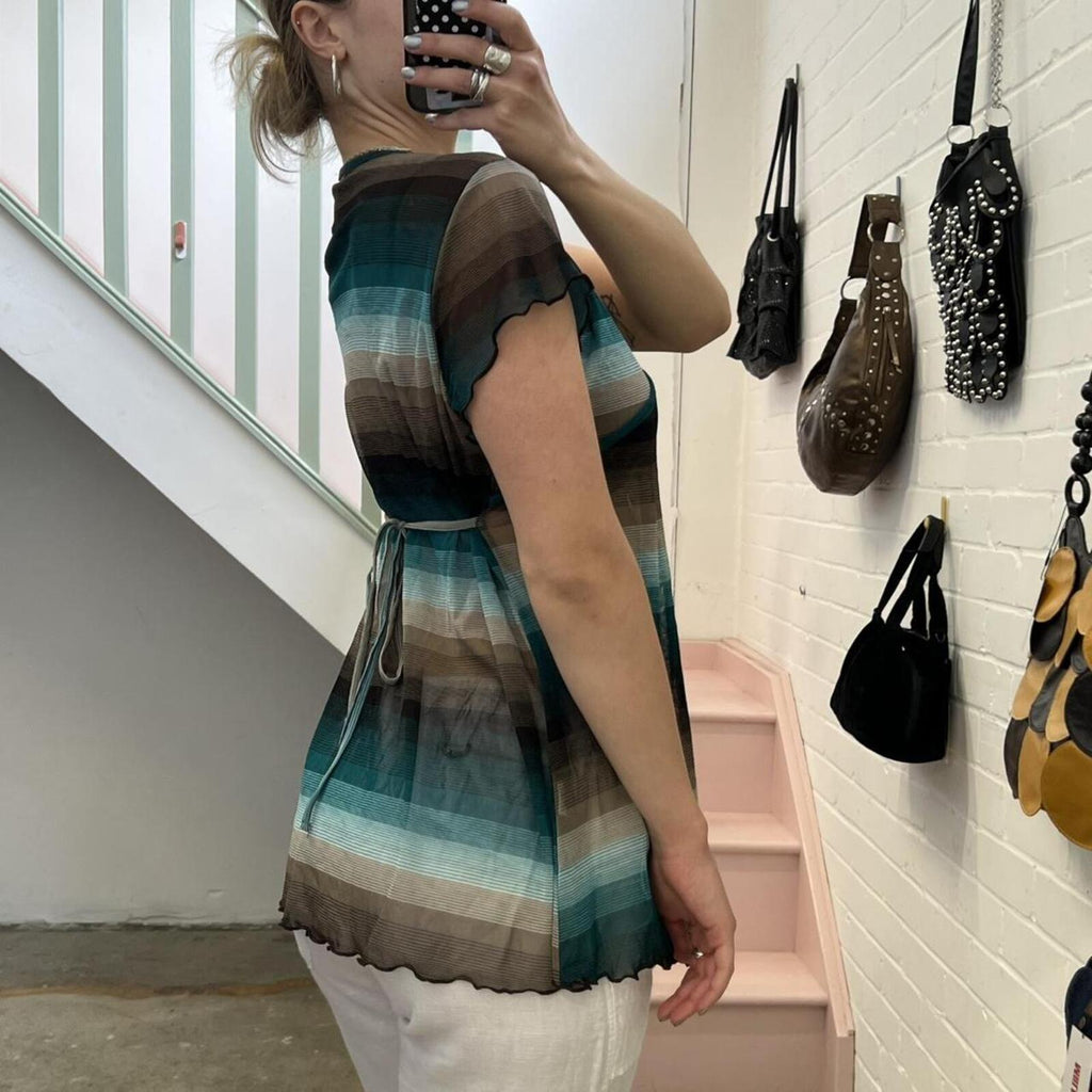 black white and teal striped mesh longline top with tie waist