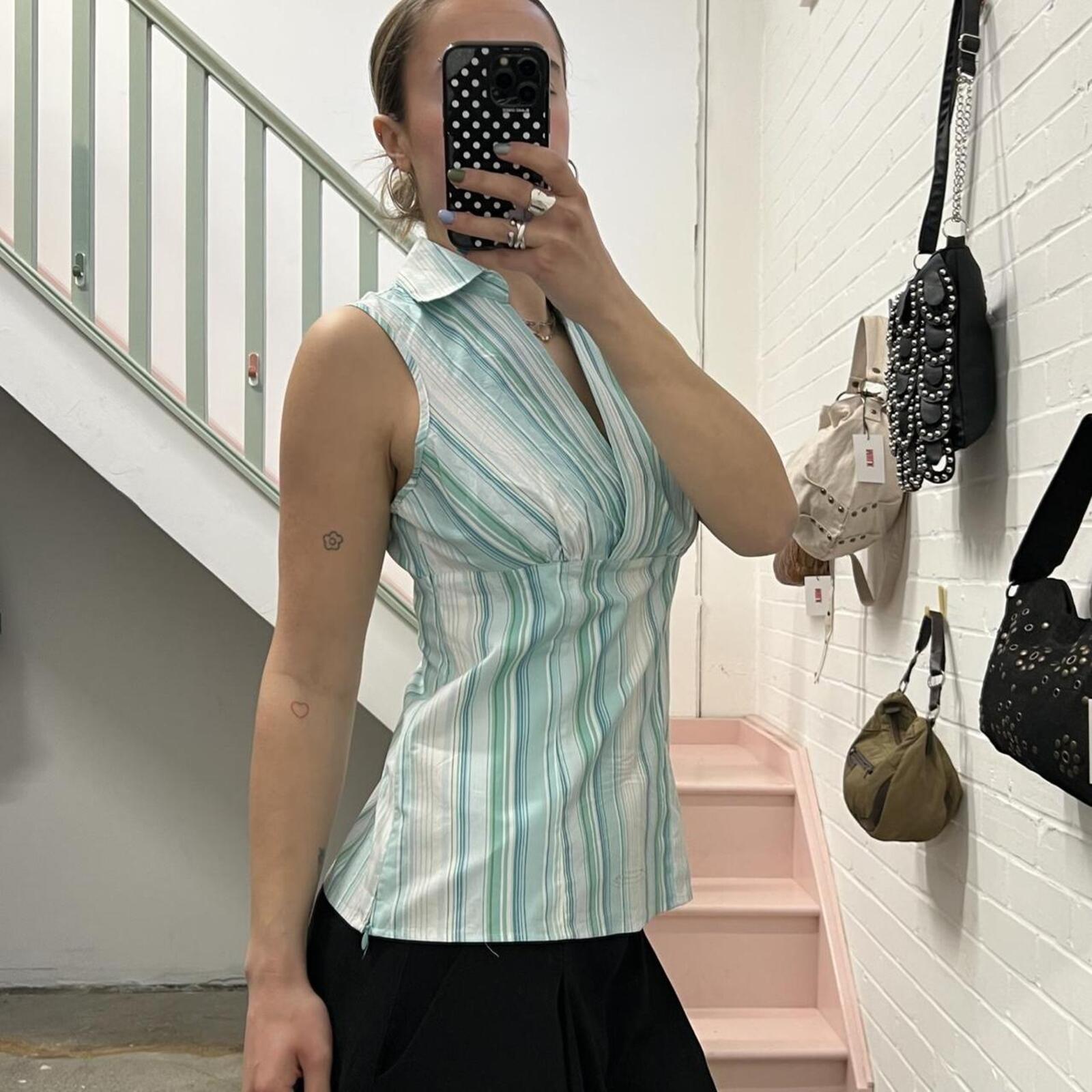 Teal and white striped fitted vintage short sleeve shirt vest