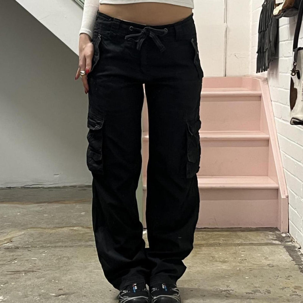 Black wide leg low rise vintage cargo trousers with tie waist