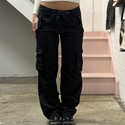 Black wide leg low rise vintage cargo trousers with tie waist