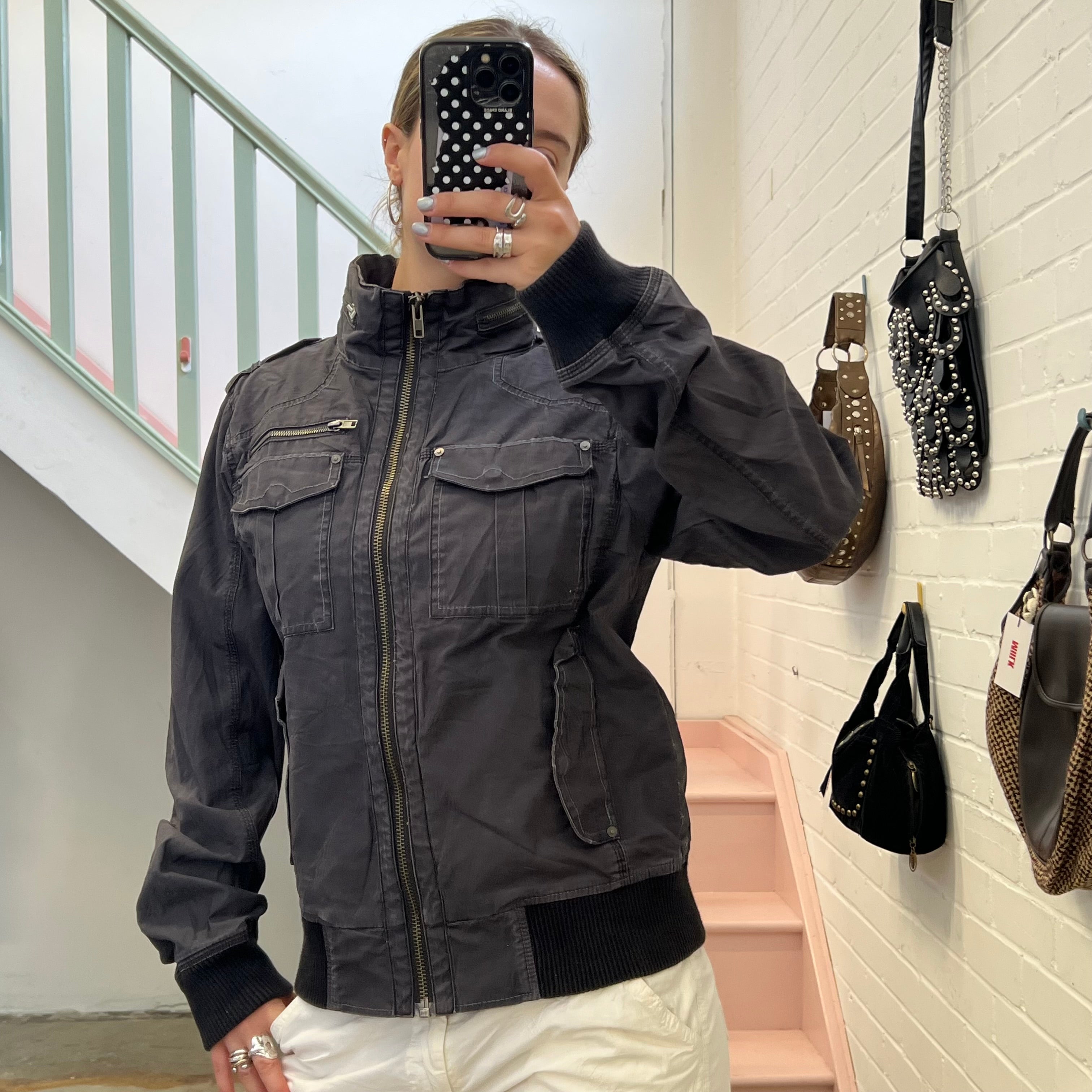 Navy grey oversized utility style bomber jacket