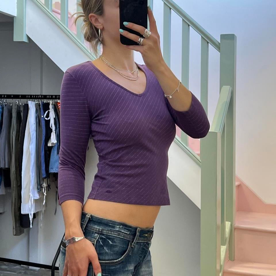 Purple striped v neck slinky top